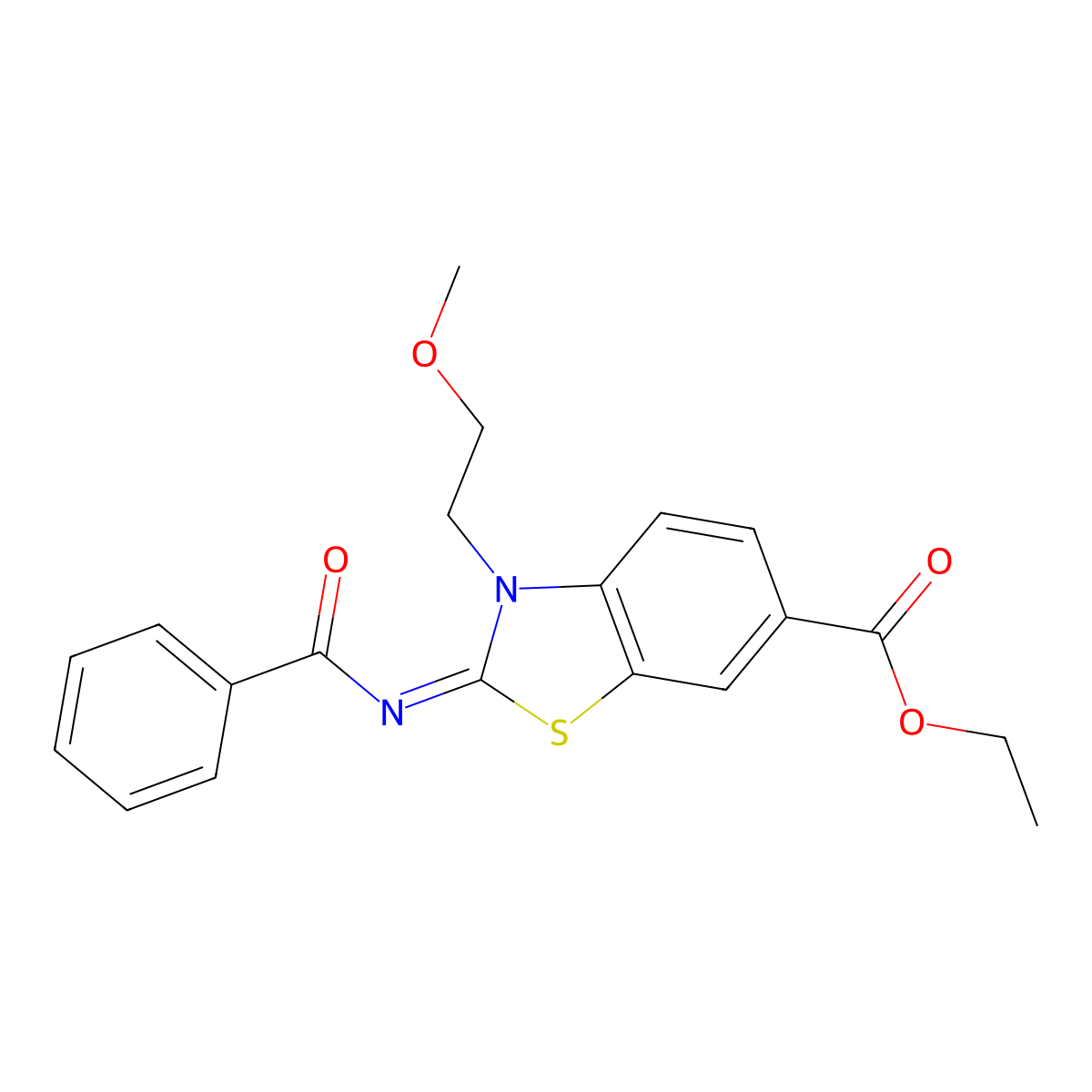 Ethyl 2-benzoylimino-3-(2-methoxyethyl)-1,3-benzothiazole-6-carboxylate molecular structure, CAS 1005934-47-3