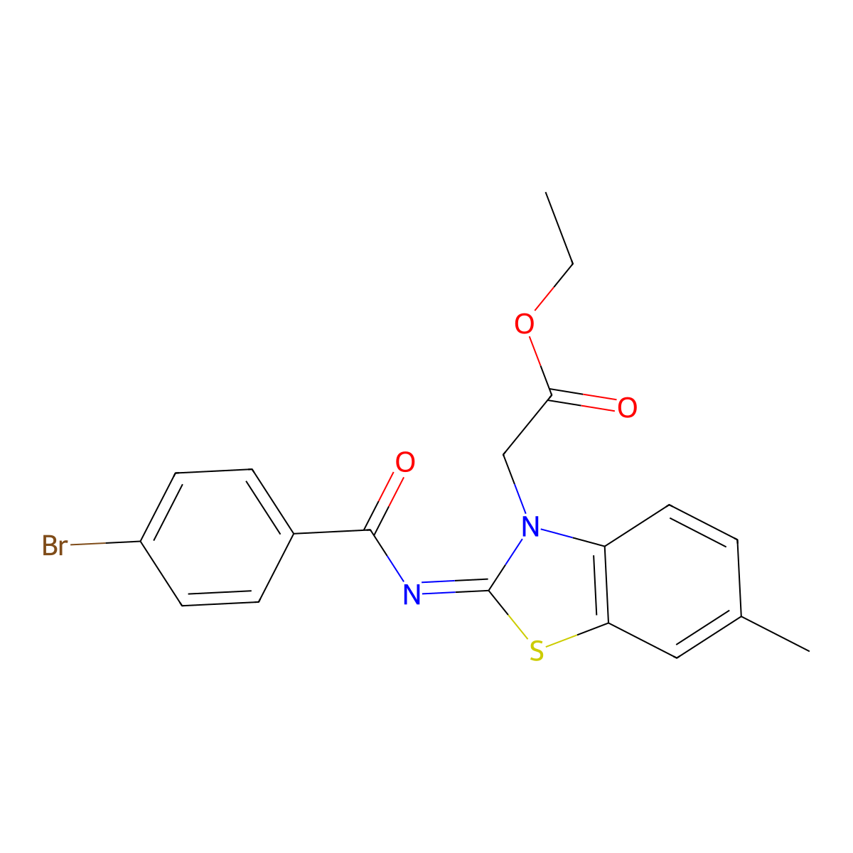 Ethyl 2-[2-(4-bromobenzoyl)imino-6-methyl-1,3-benzothiazol-3-yl]acetate molecular structure, CAS 1005945-23-2