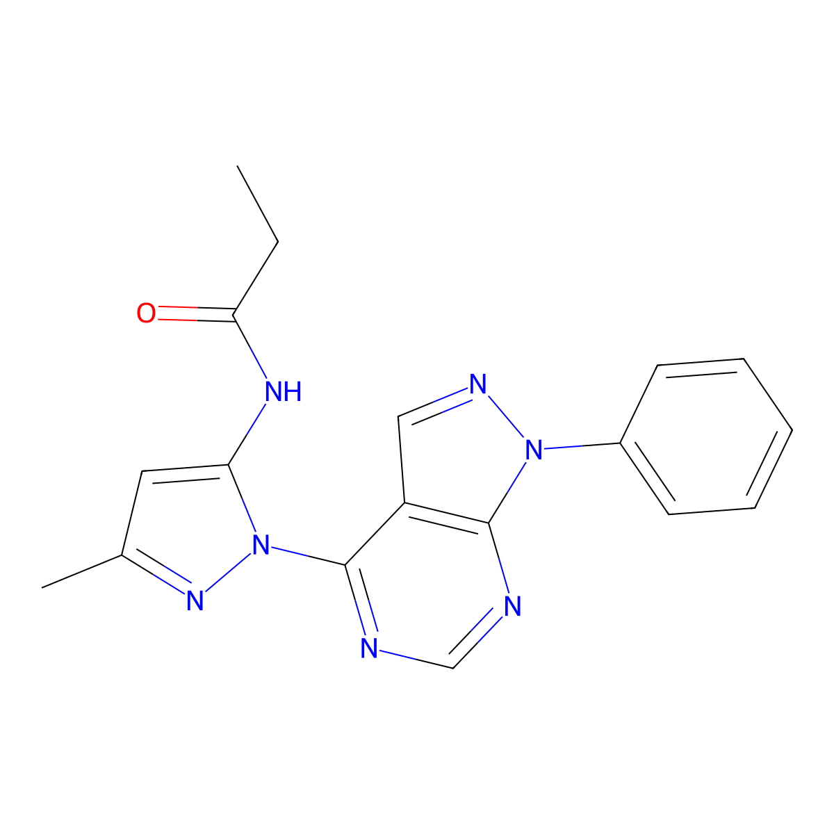 N-(3-methyl-1-(1-phenyl-1H-pyrazolo[3,4-d]pyrimidin-4-yl)-1H-pyrazol-5-yl)propionamide molecular structure, CAS 1005948-41-3