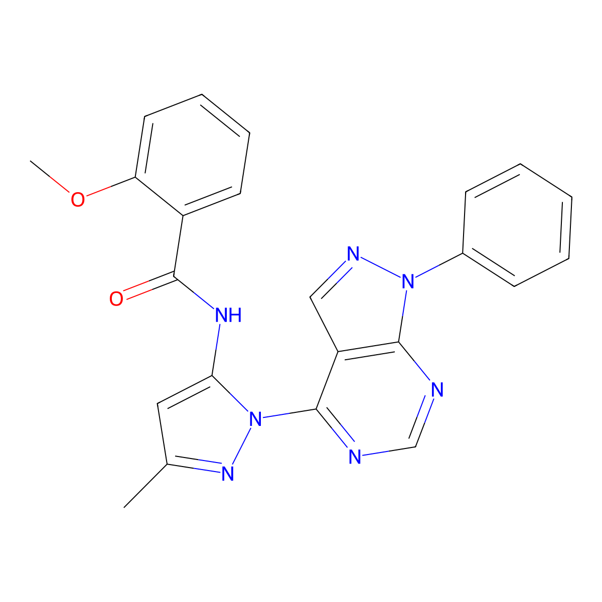 2-methoxy-N-(3-methyl-1-(1-phenyl-1H-pyrazolo[3,4-d]pyrimidin-4-yl)-1H-pyrazol-5-yl)benzamide molecular structure, CAS 1005949-11-0