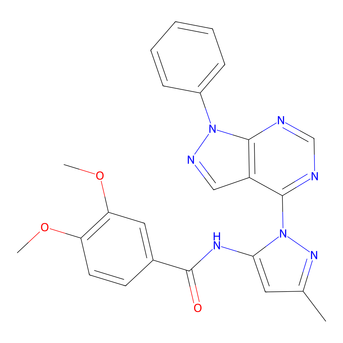 3,4-dimethoxy-N-(3-methyl-1-{1-phenyl-1H-pyrazolo[3,4-d]pyrimidin-4-yl}-1H-pyrazol-5-yl)benzamide molecular structure, CAS 1005949-25-6