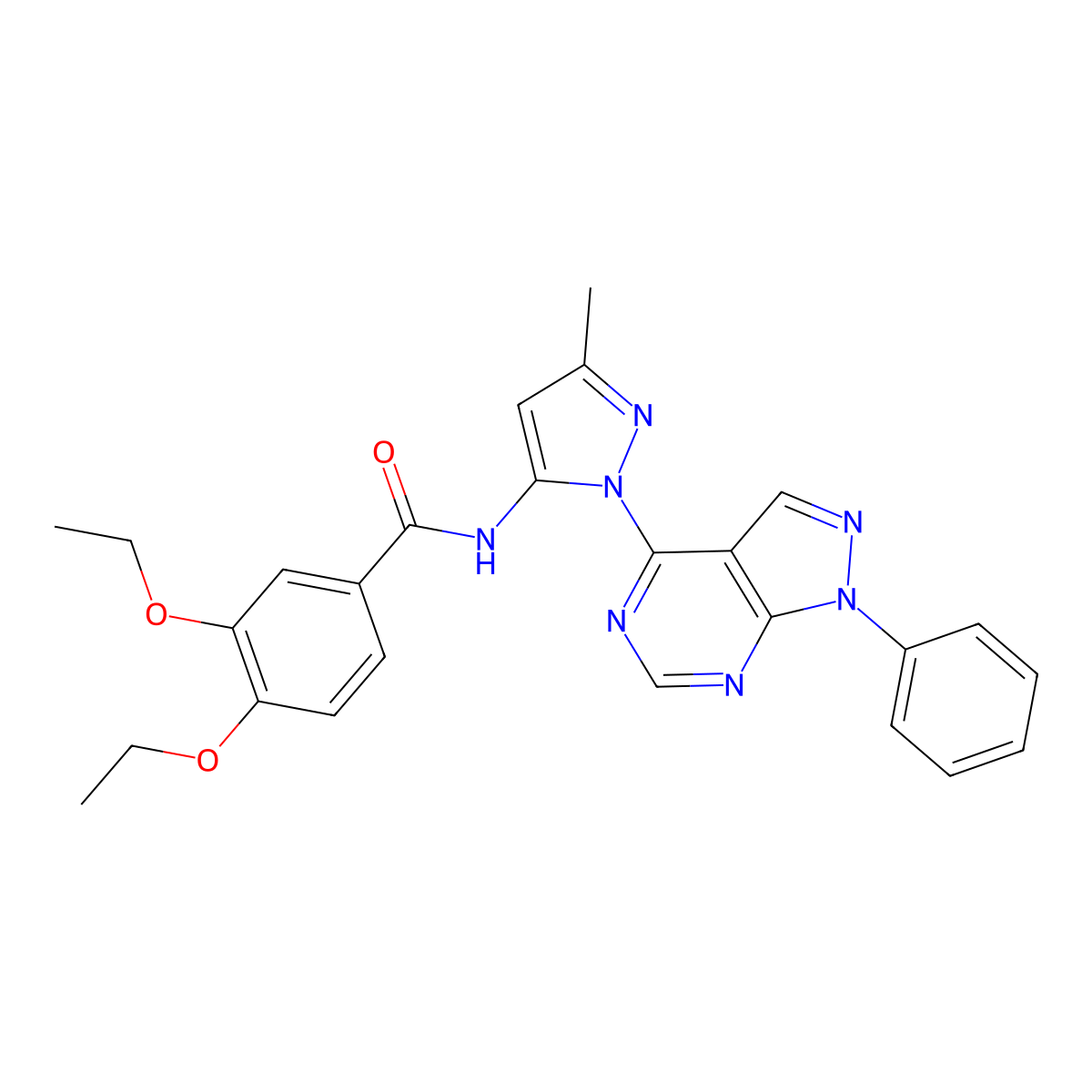 3,4-diethoxy-N-(3-methyl-1-{1-phenyl-1H-pyrazolo[3,4-d]pyrimidin-4-yl}-1H-pyrazol-5-yl)benzamide molecular structure, CAS 1005949-33-6