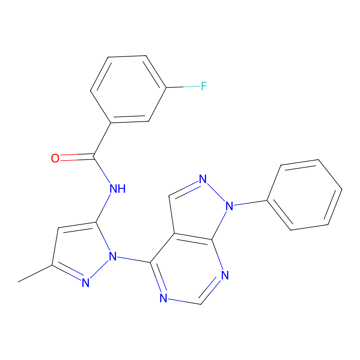 3-fluoro-N-(3-methyl-1-{1-phenyl-1H-pyrazolo[3,4-d]pyrimidin-4-yl}-1H-pyrazol-5-yl)benzamide molecular structure, CAS 1005949-41-6