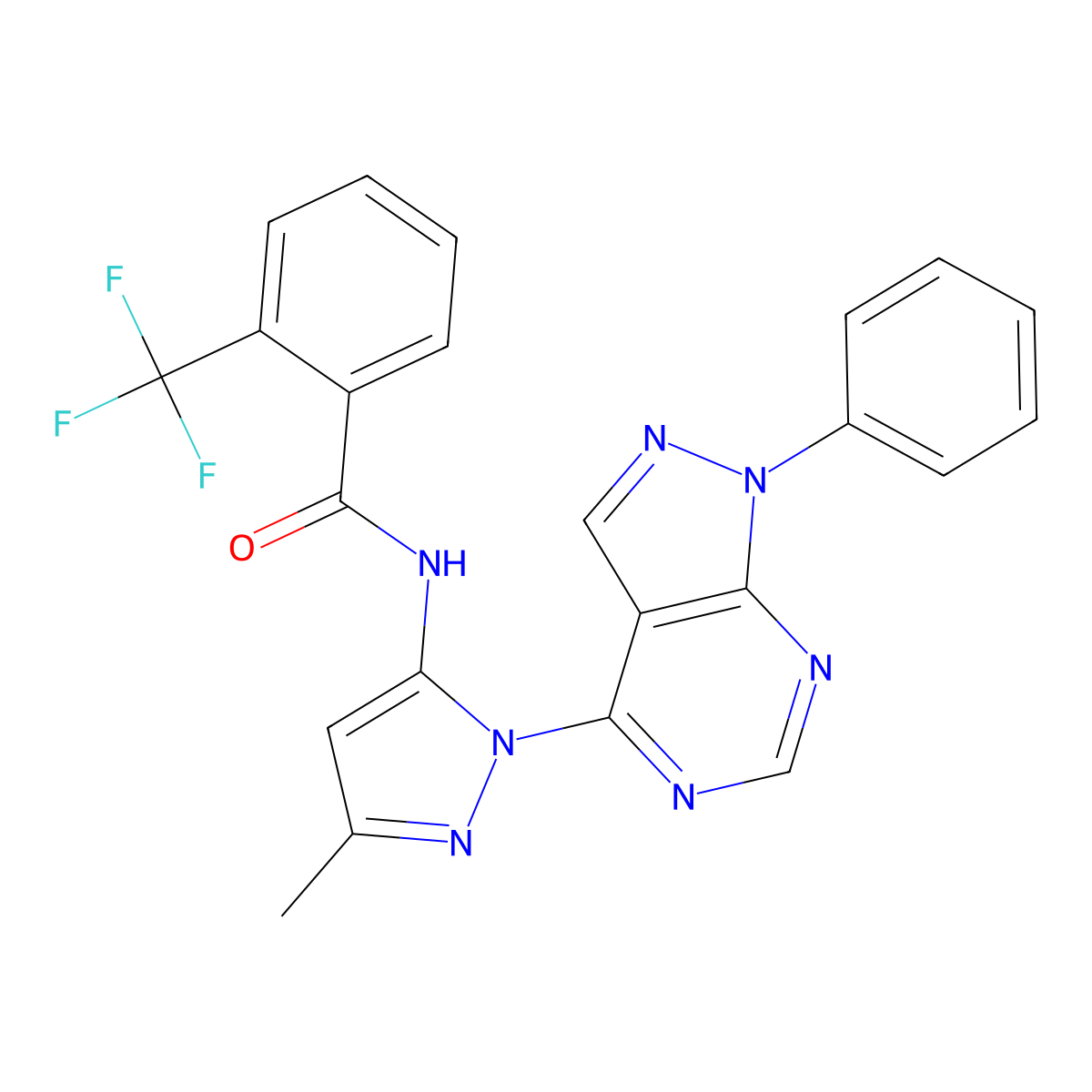 N-(3-Methyl-1-{1-phenyl-1H-pyrazolo[3,4-D]pyrimidin-4-YL}-1H-pyrazol-5-YL)-2-(trifluoromethyl)benzamide molecular structure, CAS 1005949-69-8