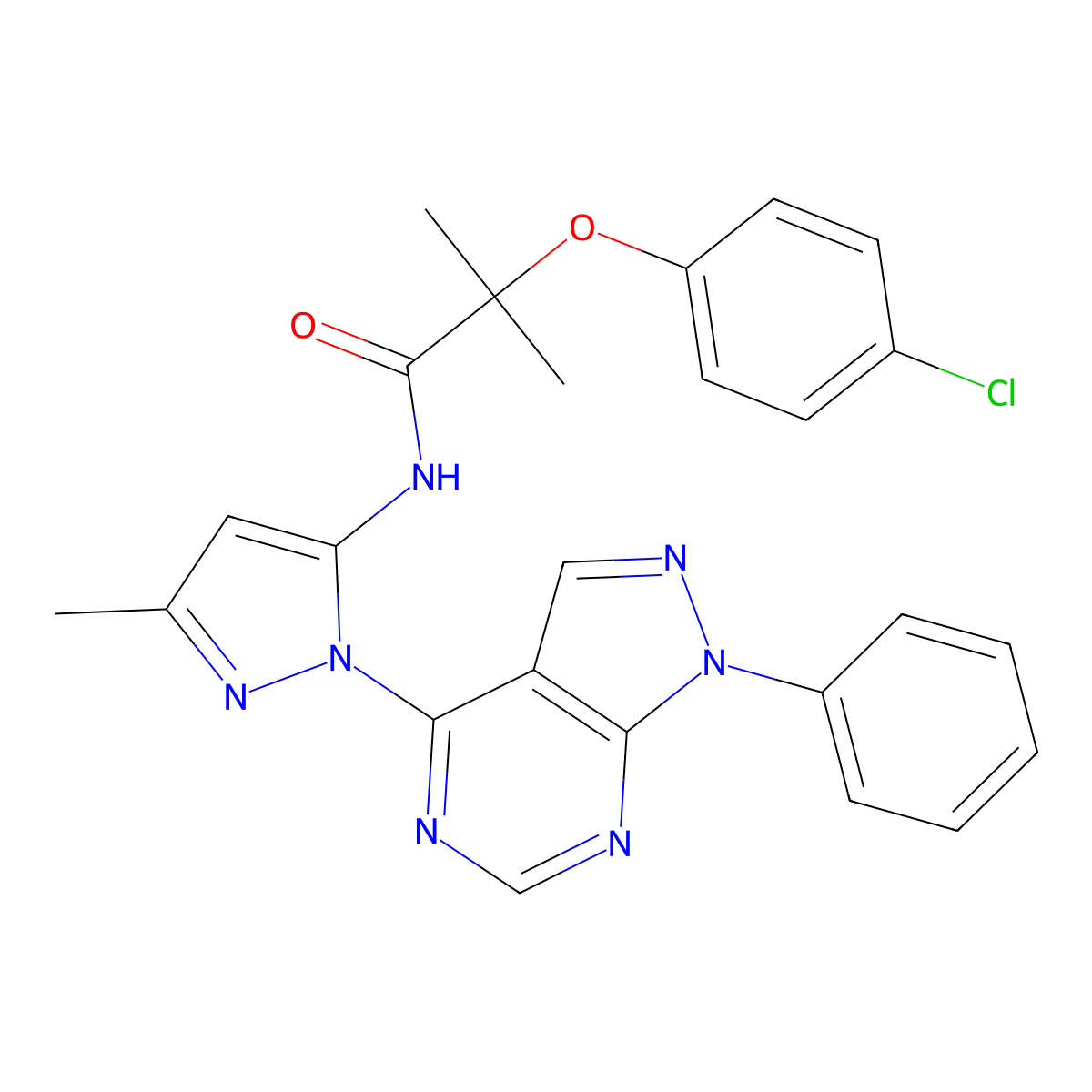 2-(4-chlorophenoxy)-2-methyl-N-(3-methyl-1-{1-phenyl-1H-pyrazolo[3,4-d]pyrimidin-4-yl}-1H-pyrazol-5-yl)propanamide molecular structure, CAS 1005950-01-5