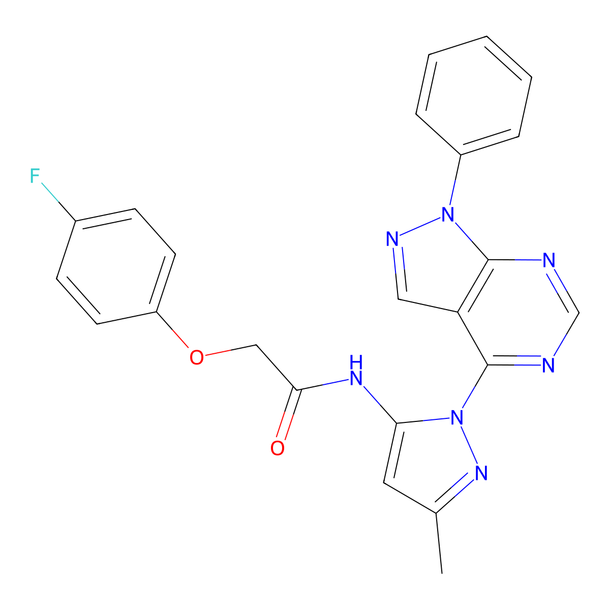 2-(4-fluorophenoxy)-N-(3-methyl-1-(1-phenyl-1H-pyrazolo[3,4-d]pyrimidin-4-yl)-1H-pyrazol-5-yl)acetamide molecular structure, CAS 1005950-25-3