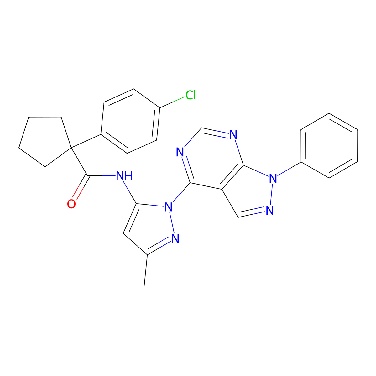1-(4-chlorophenyl)-N-(3-methyl-1-(1-phenyl-1H-pyrazolo[3,4-d]pyrimidin-4-yl)-1H-pyrazol-5-yl)cyclopentanecarboxamide molecular structure, CAS 1005950-57-1