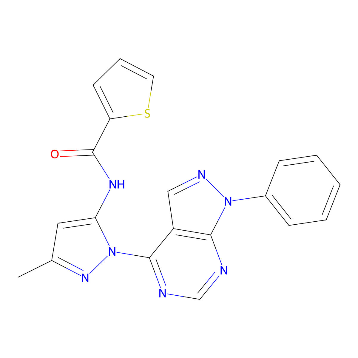 N-(3-methyl-1-(1-phenyl-1H-pyrazolo[3,4-d]pyrimidin-4-yl)-1H-pyrazol-5-yl)thiophene-2-carboxamide molecular structure, CAS 1005950-73-1