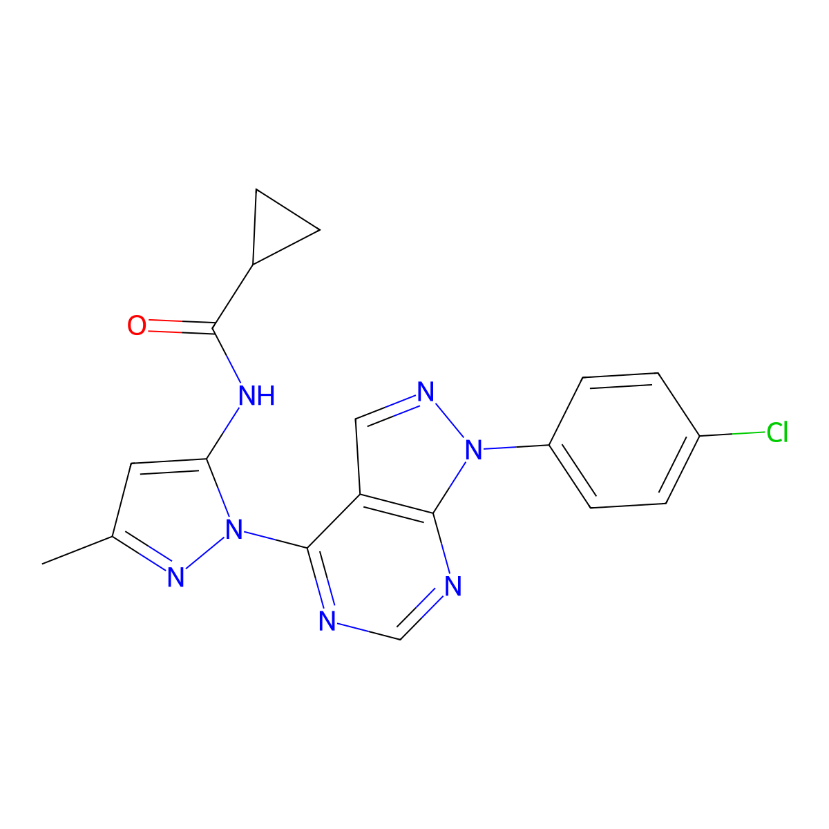N-(1-(1-(4-chlorophenyl)-1H-pyrazolo[3,4-d]pyrimidin-4-yl)-3-methyl-1H-pyrazol-5-yl)cyclopropanecarboxamide molecular structure, CAS 1005951-21-2