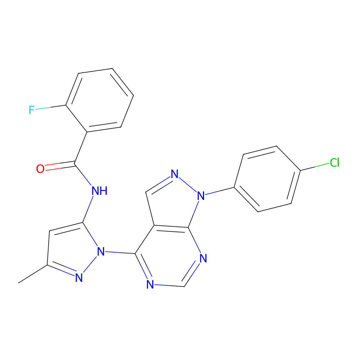 N-(1-(1-(4-chlorophenyl)-1H-pyrazolo[3,4-d]pyrimidin-4-yl)-3-methyl-1H-pyrazol-5-yl)-2-fluorobenzamide molecular structure, CAS 1005951-52-9