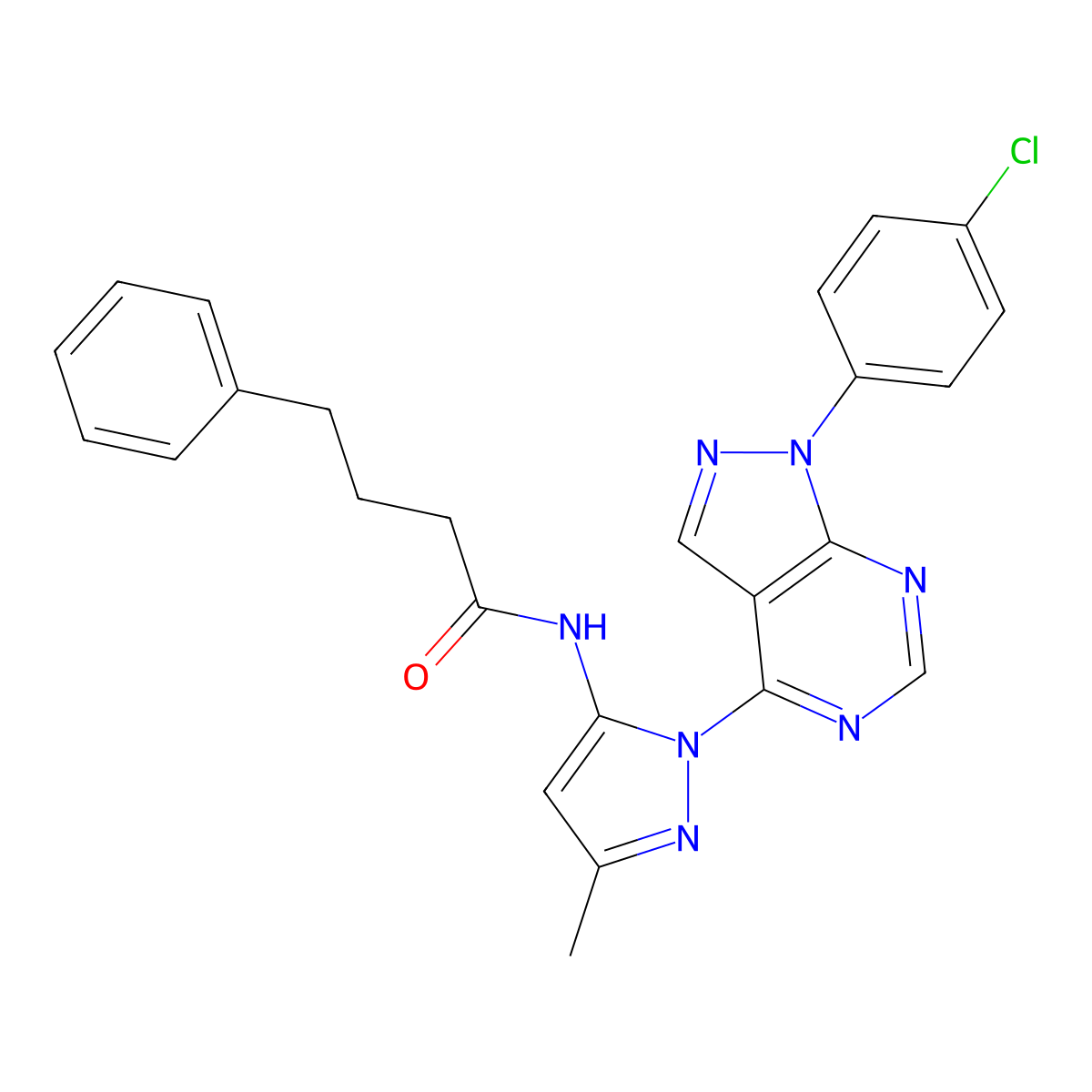 N-{1-[1-(4-chlorophenyl)-1H-pyrazolo[3,4-d]pyrimidin-4-yl]-3-methyl-1H-pyrazol-5-yl}-4-phenylbutanamide molecular structure, CAS 1005952-16-8