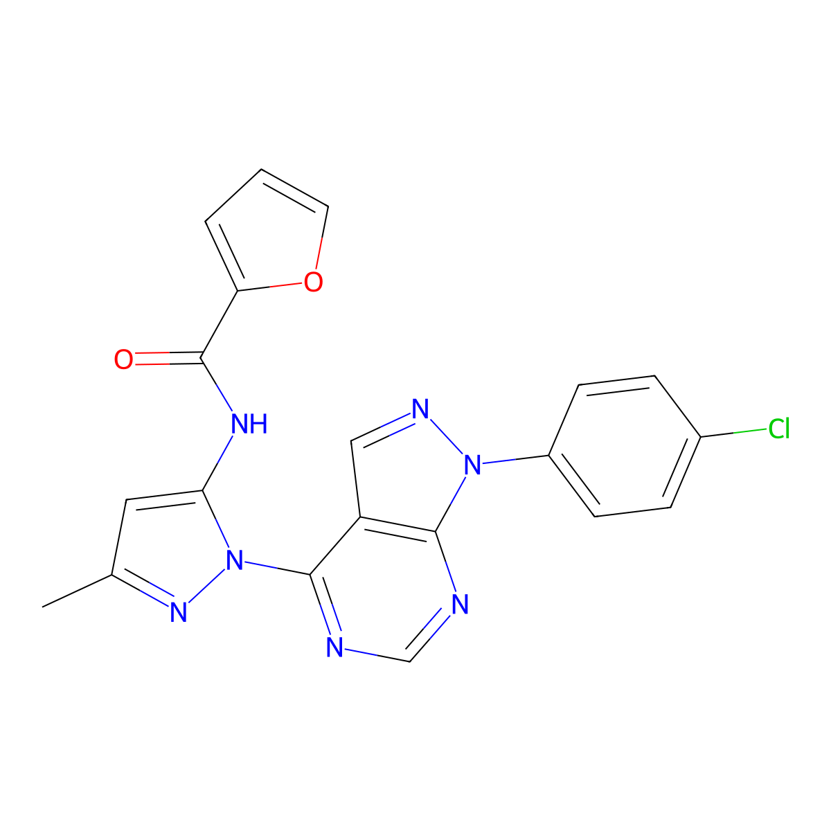 N-(1-(1-(4-chlorophenyl)-1H-pyrazolo[3,4-d]pyrimidin-4-yl)-3-methyl-1H-pyrazol-5-yl)furan-2-carboxamide molecular structure, CAS 1005952-23-7