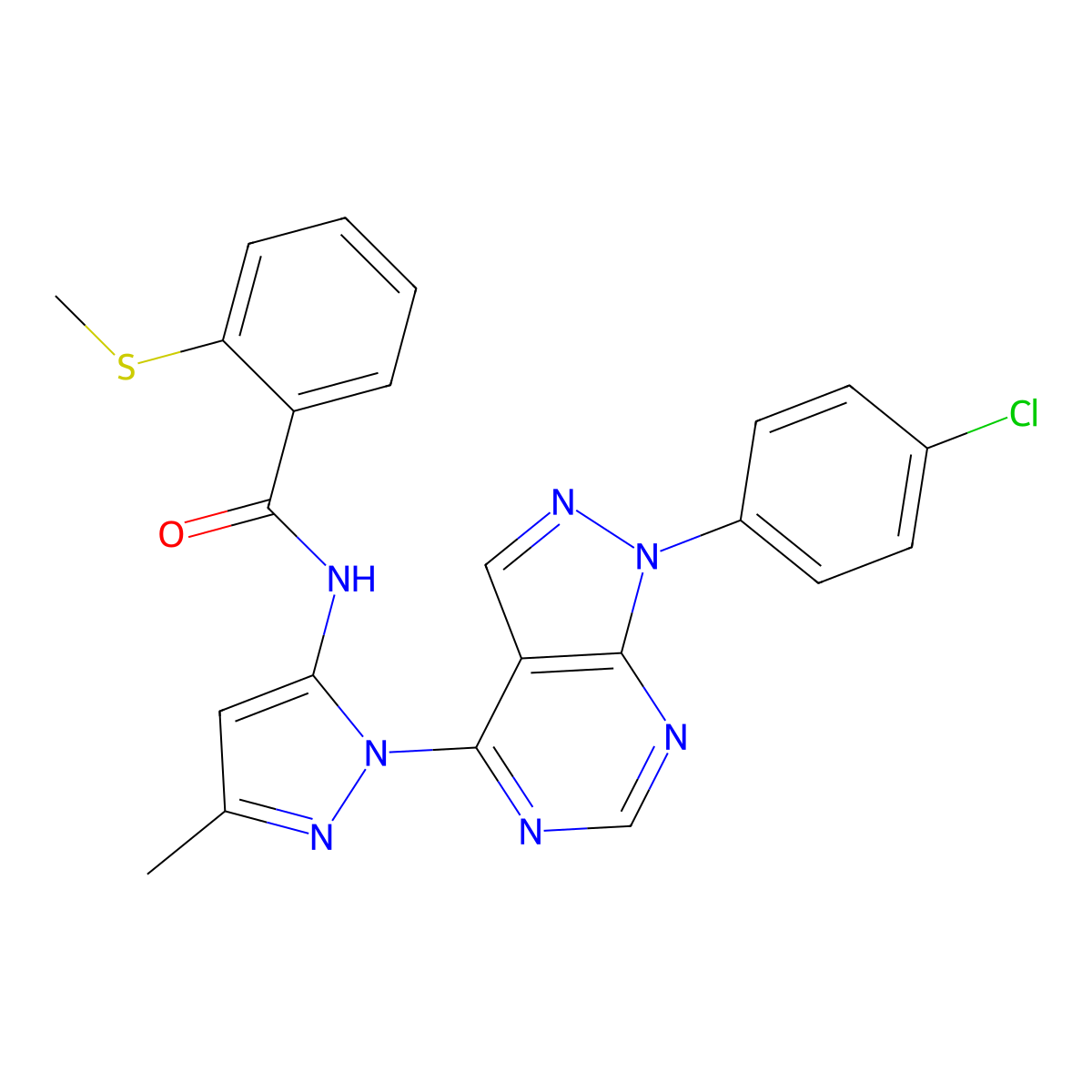 N-(1-(1-(4-chlorophenyl)-1H-pyrazolo[3,4-d]pyrimidin-4-yl)-3-methyl-1H-pyrazol-5-yl)-2-(methylthio)benzamide molecular structure, CAS 1005952-58-8
