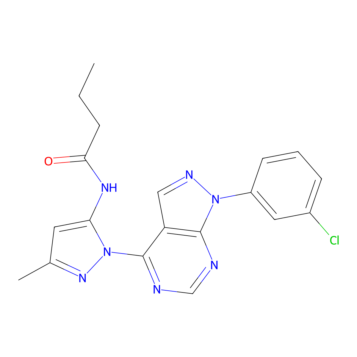 N-{1-[1-(3-chlorophenyl)-1H-pyrazolo[3,4-d]pyrimidin-4-yl]-3-methyl-1H-pyrazol-5-yl}butanamide molecular structure, CAS 1005952-70-4