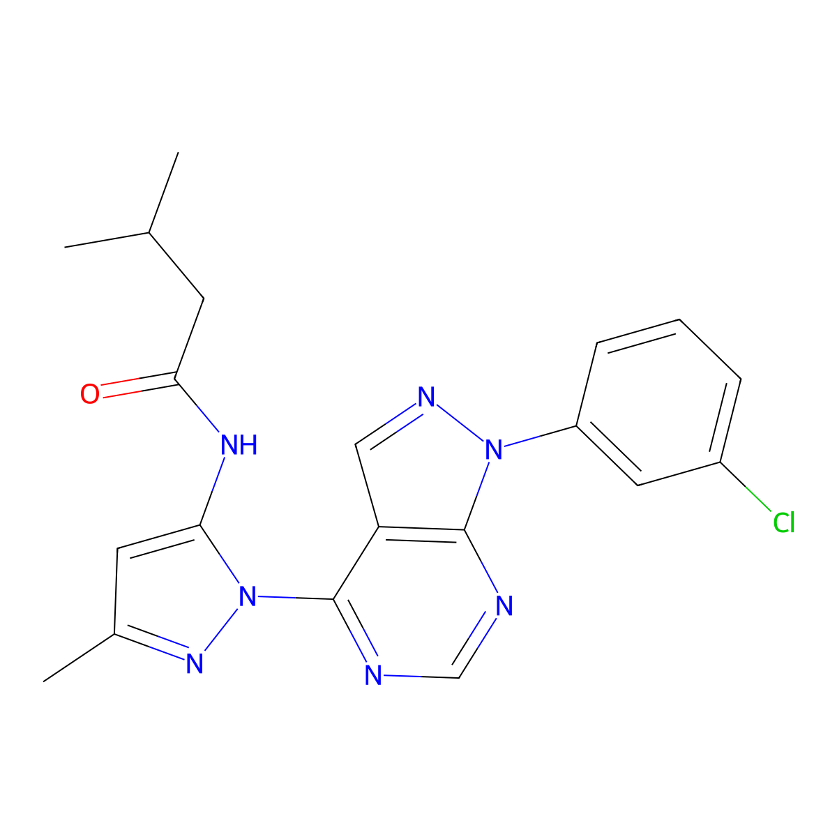 N-{1-[1-(3-chlorophenyl)-1H-pyrazolo[3,4-d]pyrimidin-4-yl]-3-methyl-1H-pyrazol-5-yl}-3-methylbutanamide molecular structure, CAS 1005952-76-0