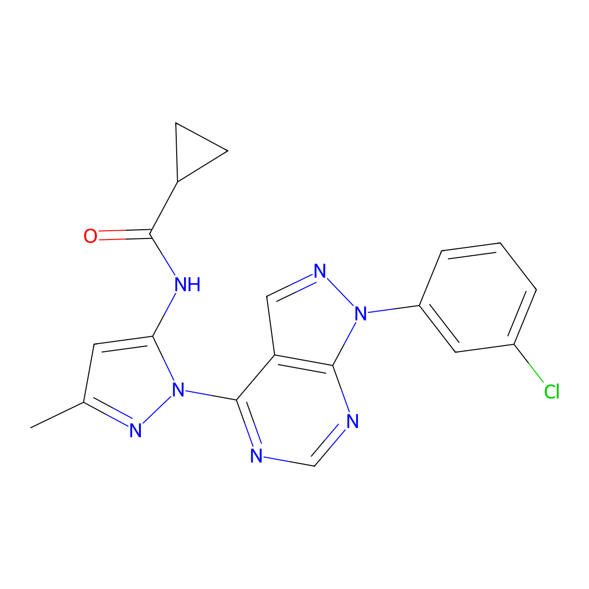 N-(1-(1-(3-chlorophenyl)-1H-pyrazolo[3,4-d]pyrimidin-4-yl)-3-methyl-1H-pyrazol-5-yl)cyclopropanecarboxamide molecular structure, CAS 1005952-82-8