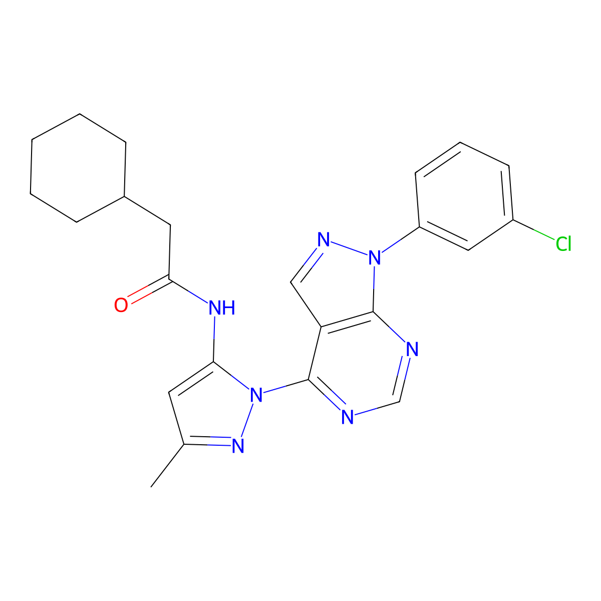 N-(1-(1-(3-chlorophenyl)-1H-pyrazolo[3,4-d]pyrimidin-4-yl)-3-methyl-1H-pyrazol-5-yl)-2-cyclohexylacetamide molecular structure, CAS 1005952-90-8