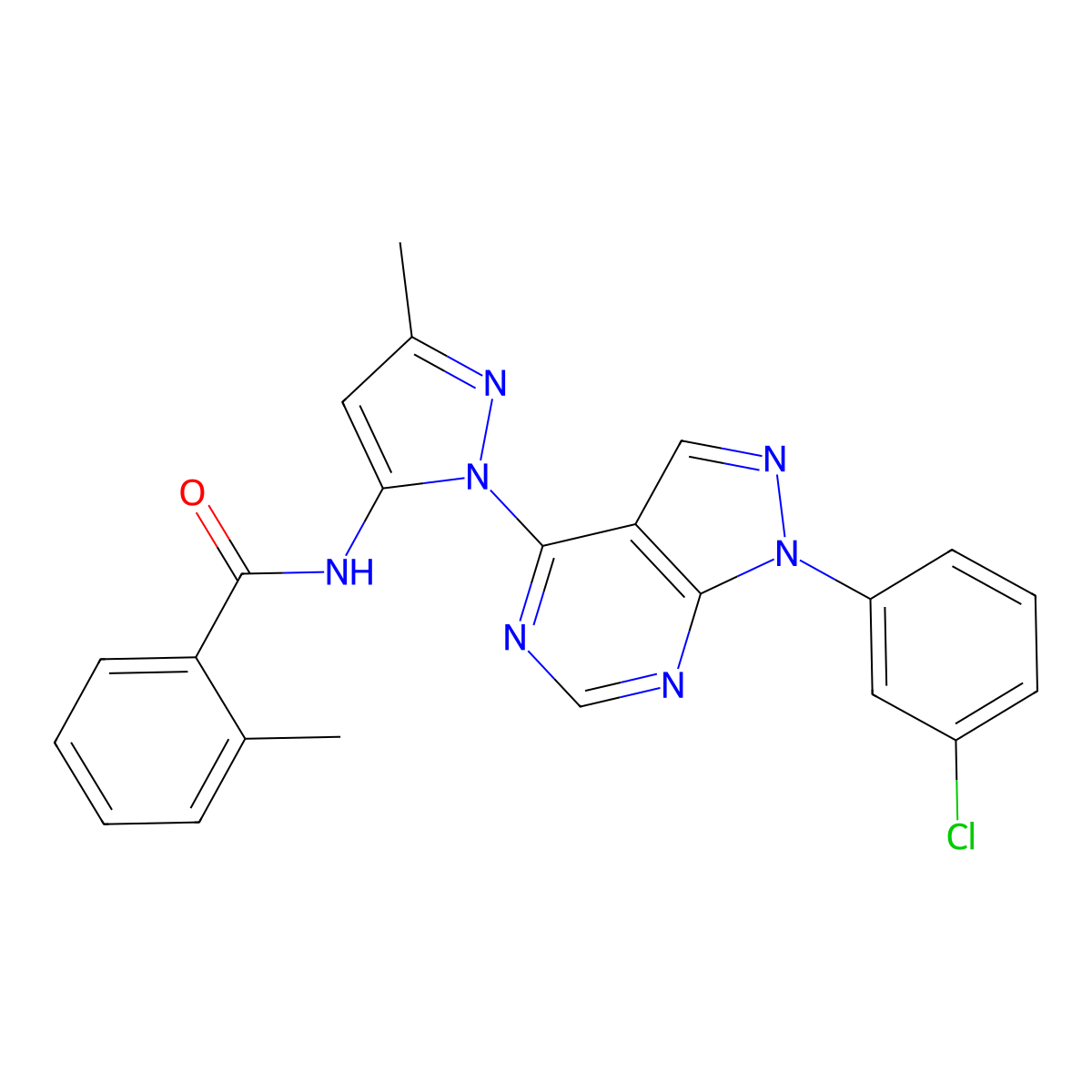 N-{1-[1-(3-chlorophenyl)-1H-pyrazolo[3,4-d]pyrimidin-4-yl]-3-methyl-1H-pyrazol-5-yl}-2-methylbenzamide molecular structure, CAS 1005953-18-3
