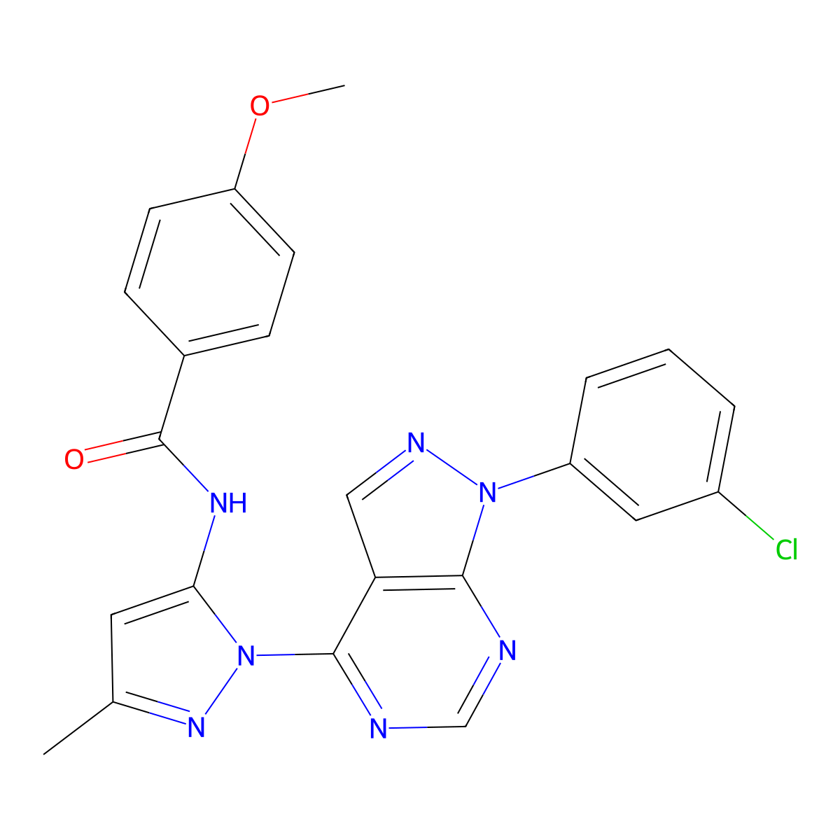 N-{1-[1-(3-chlorophenyl)-1H-pyrazolo[3,4-d]pyrimidin-4-yl]-3-methyl-1H-pyrazol-5-yl}-4-methoxybenzamide molecular structure, CAS 1005953-32-1