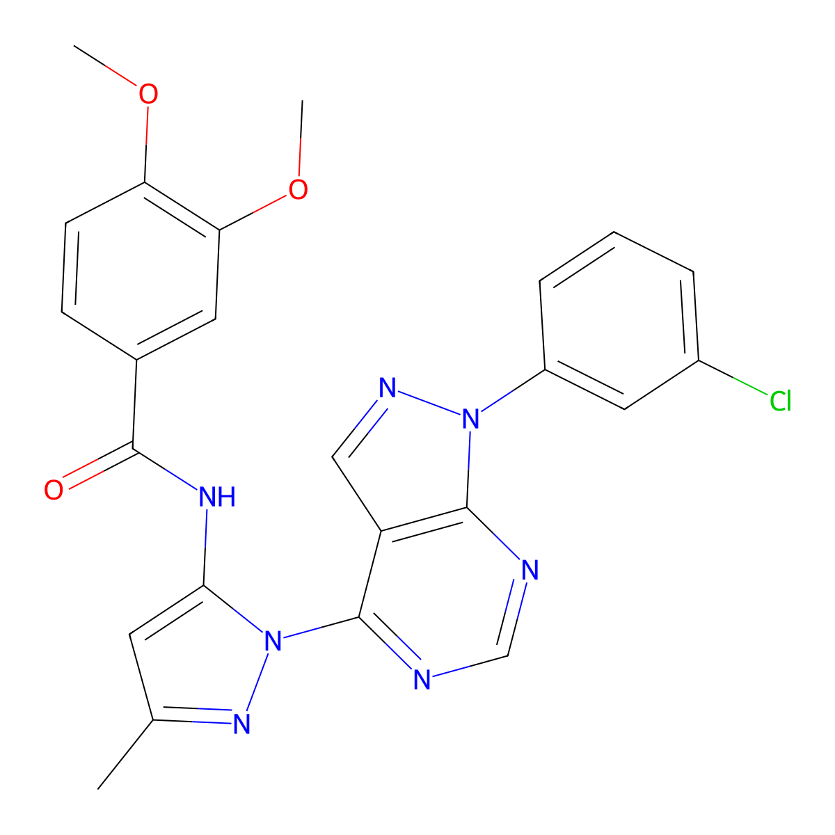 N-{1-[1-(3-chlorophenyl)-1H-pyrazolo[3,4-d]pyrimidin-4-yl]-3-methyl-1H-pyrazol-5-yl}-3,4-dimethoxybenzamide molecular structure, CAS 1005953-45-6