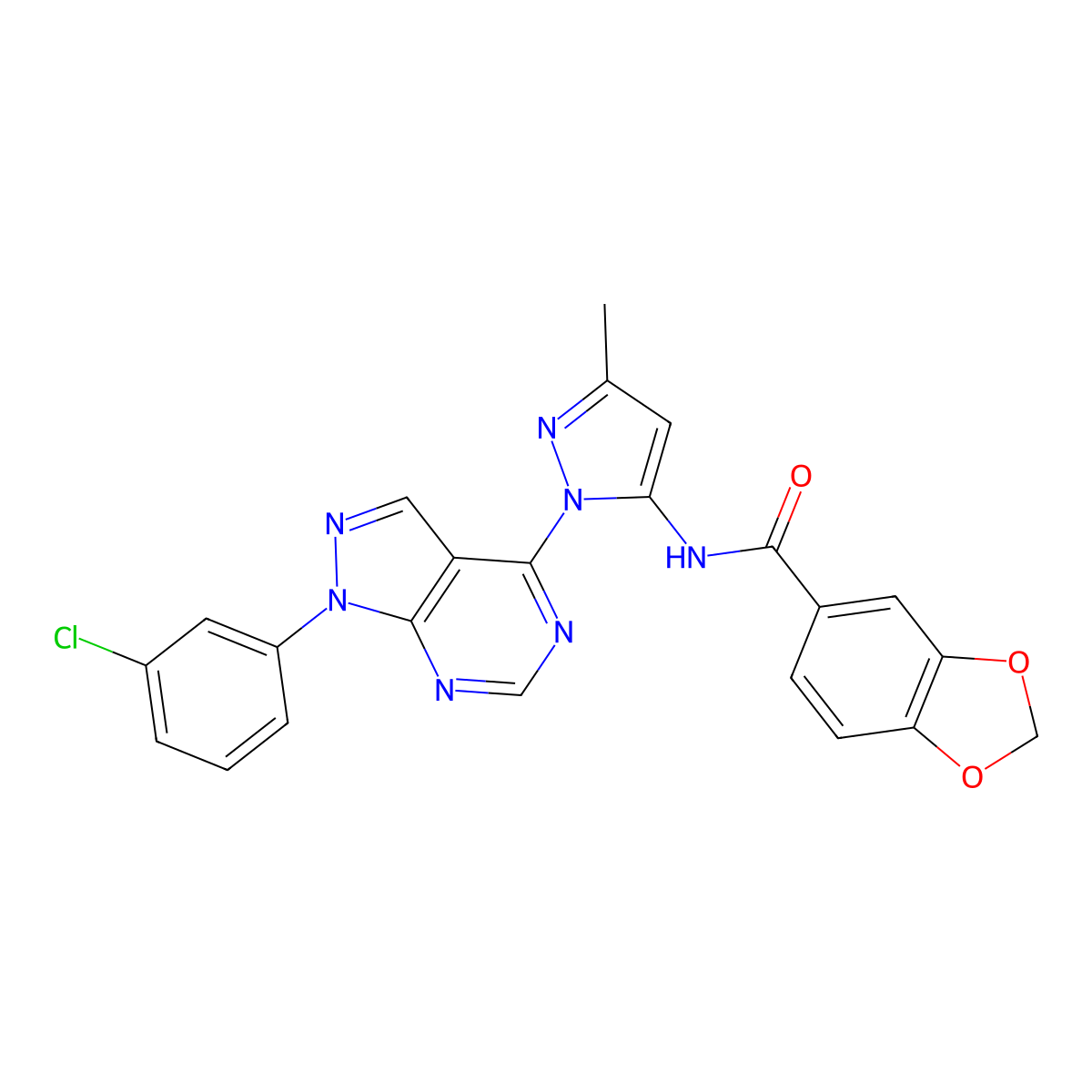 N-(1-(1-(3-chlorophenyl)-1H-pyrazolo[3,4-d]pyrimidin-4-yl)-3-methyl-1H-pyrazol-5-yl)benzo[d][1,3]dioxole-5-carboxamide molecular structure, CAS 1005953-58-1