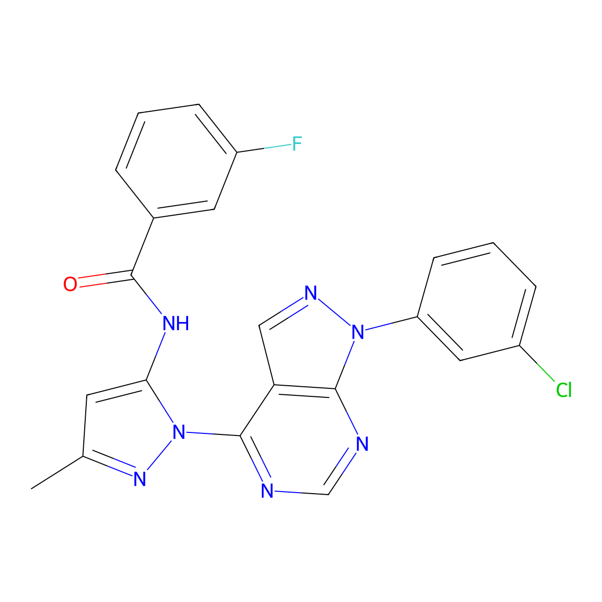 N-(1-(1-(3-chlorophenyl)-1H-pyrazolo[3,4-d]pyrimidin-4-yl)-3-methyl-1H-pyrazol-5-yl)-3-fluorobenzamide molecular structure, CAS 1005953-72-9