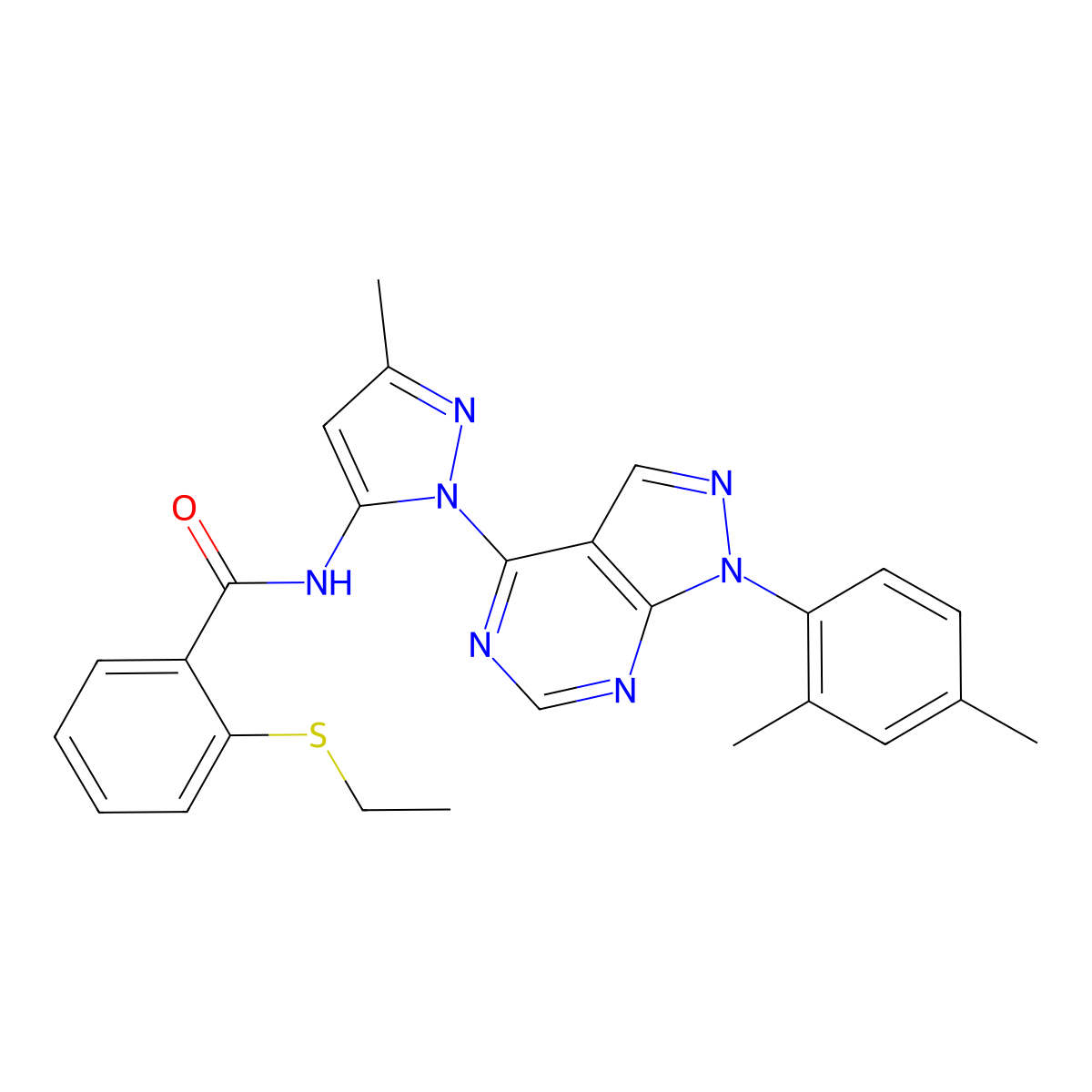 N-{1-[1-(2,4-dimethylphenyl)-1H-pyrazolo[3,4-d]pyrimidin-4-yl]-3-methyl-1H-pyrazol-5-yl}-2-(ethylsulfanyl)benzamide molecular structure, CAS 1005954-12-0