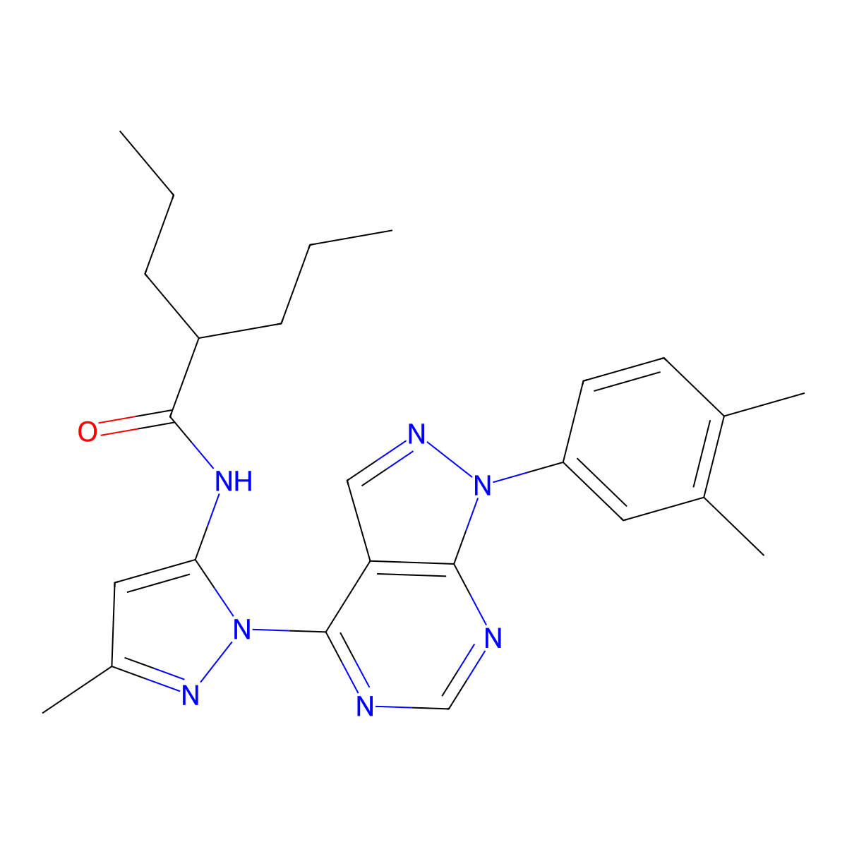 N-(1-(1-(3,4-dimethylphenyl)-1H-pyrazolo[3,4-d]pyrimidin-4-yl)-3-methyl-1H-pyrazol-5-yl)-2-propylpentanamide molecular structure, CAS 1005954-33-5