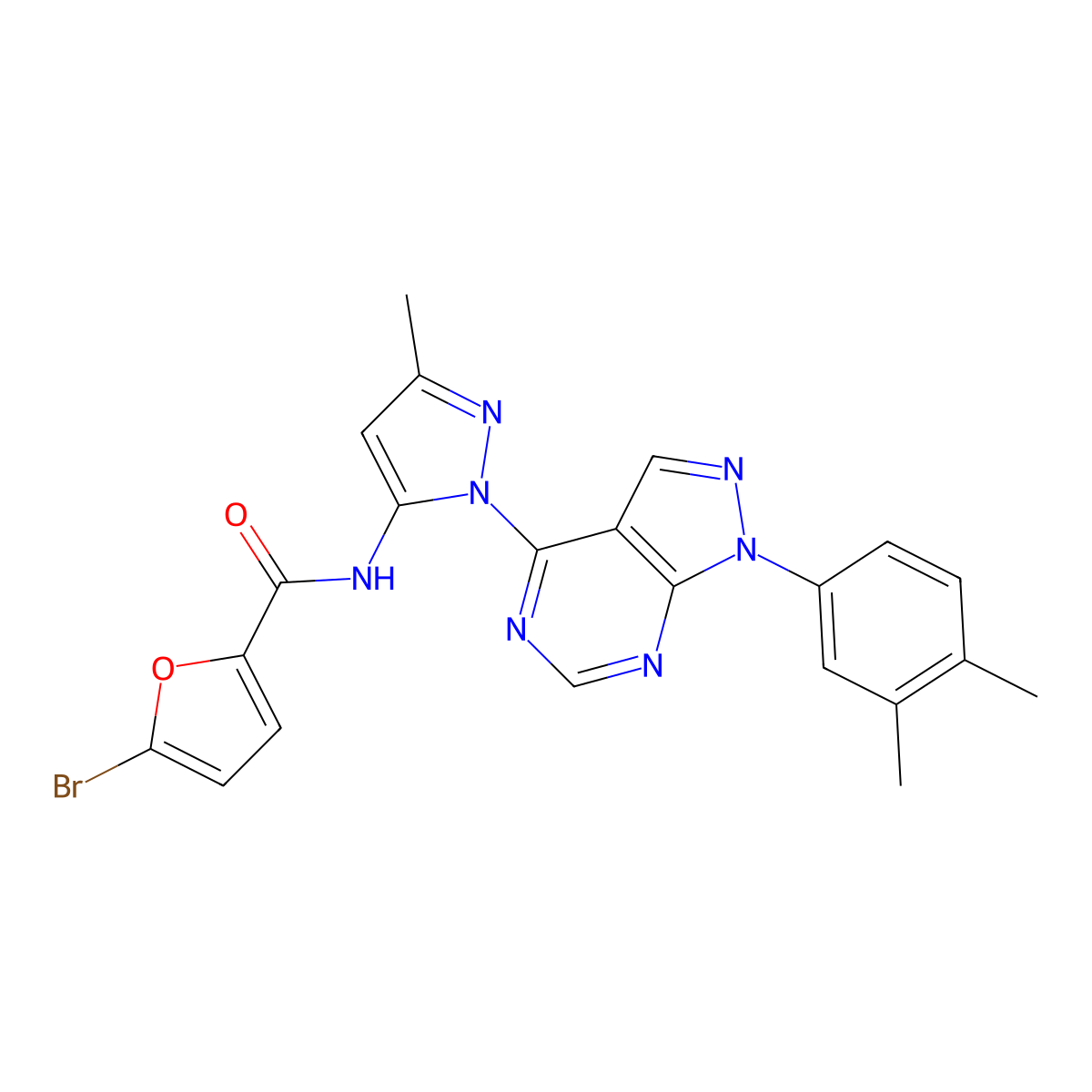 5-bromo-N-(1-(1-(3,4-dimethylphenyl)-1H-pyrazolo[3,4-d]pyrimidin-4-yl)-3-methyl-1H-pyrazol-5-yl)furan-2-carboxamide molecular structure, CAS 1005956-10-4