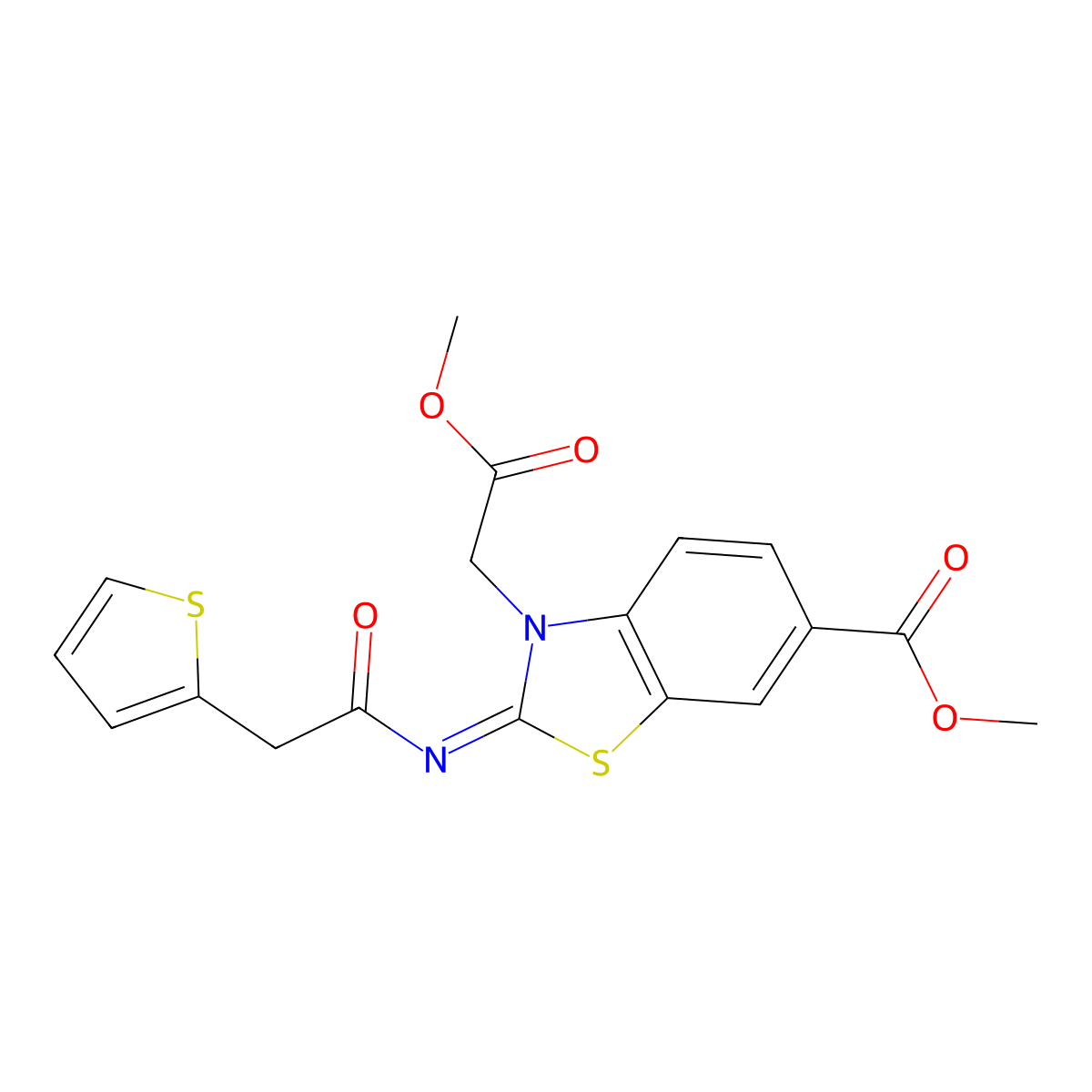 (E)-methyl 3-(2-methoxy-2-oxoethyl)-2-((2-(thiophen-2-yl)acetyl)imino)-2,3-dihydrobenzo[d]thiazole-6-carboxylate molecular structure, CAS 1005957-99-2