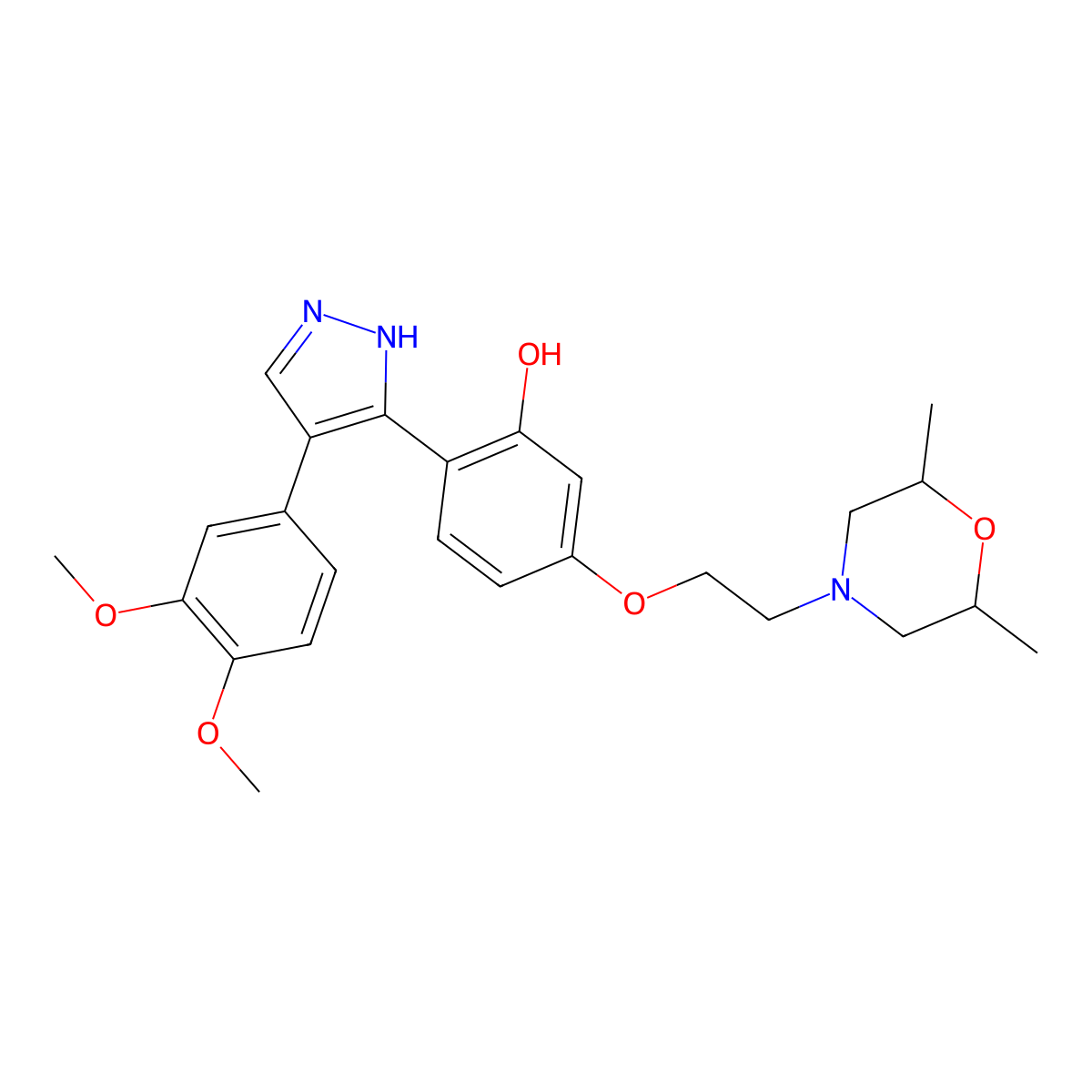 2-(4-(3,4-dimethoxyphenyl)-1H-pyrazol-3-yl)-5-(2-(2,6-dimethylmorpholino)ethoxy)phenol molecular structure, CAS 1005960-08-6