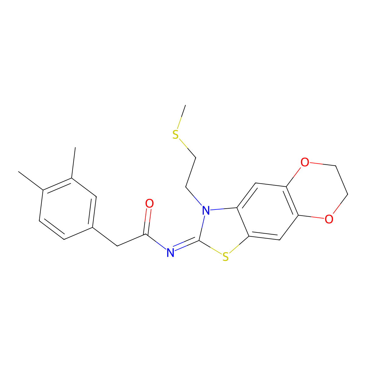 (Z)-2-(3,4-dimethylphenyl)-N-(3-(2-(methylthio)ethyl)-6,7-dihydro-[1,4]dioxino[2',3':4,5]benzo[1,2-d]thiazol-2(3H)-ylidene)acetamide molecular structure, CAS 1005966-47-1