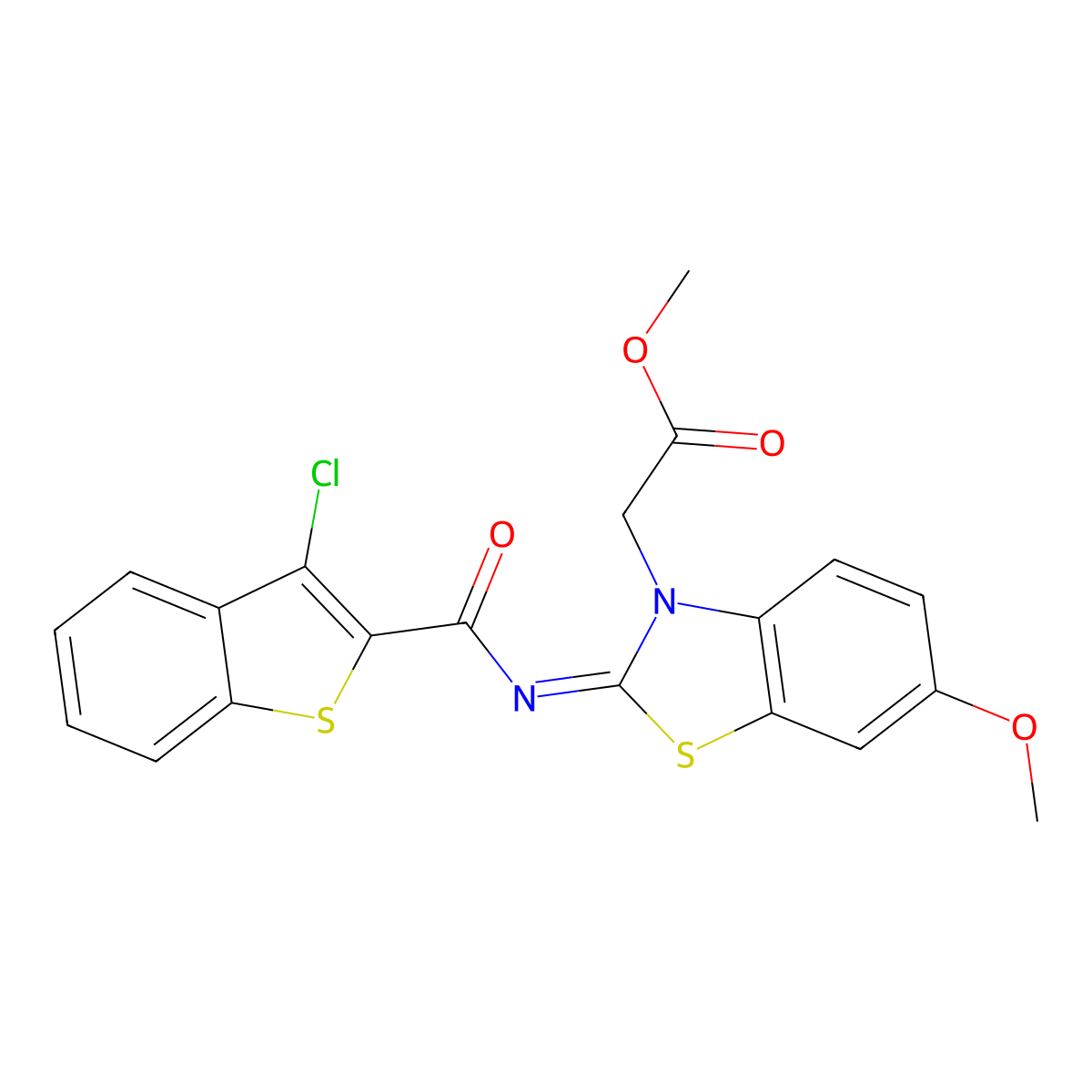 (Z)-methyl 2-(2-((3-chlorobenzo[b]thiophene-2-carbonyl)imino)-6-methoxybenzo[d]thiazol-3(2H)-yl)acetate molecular structure, CAS 1005968-38-6