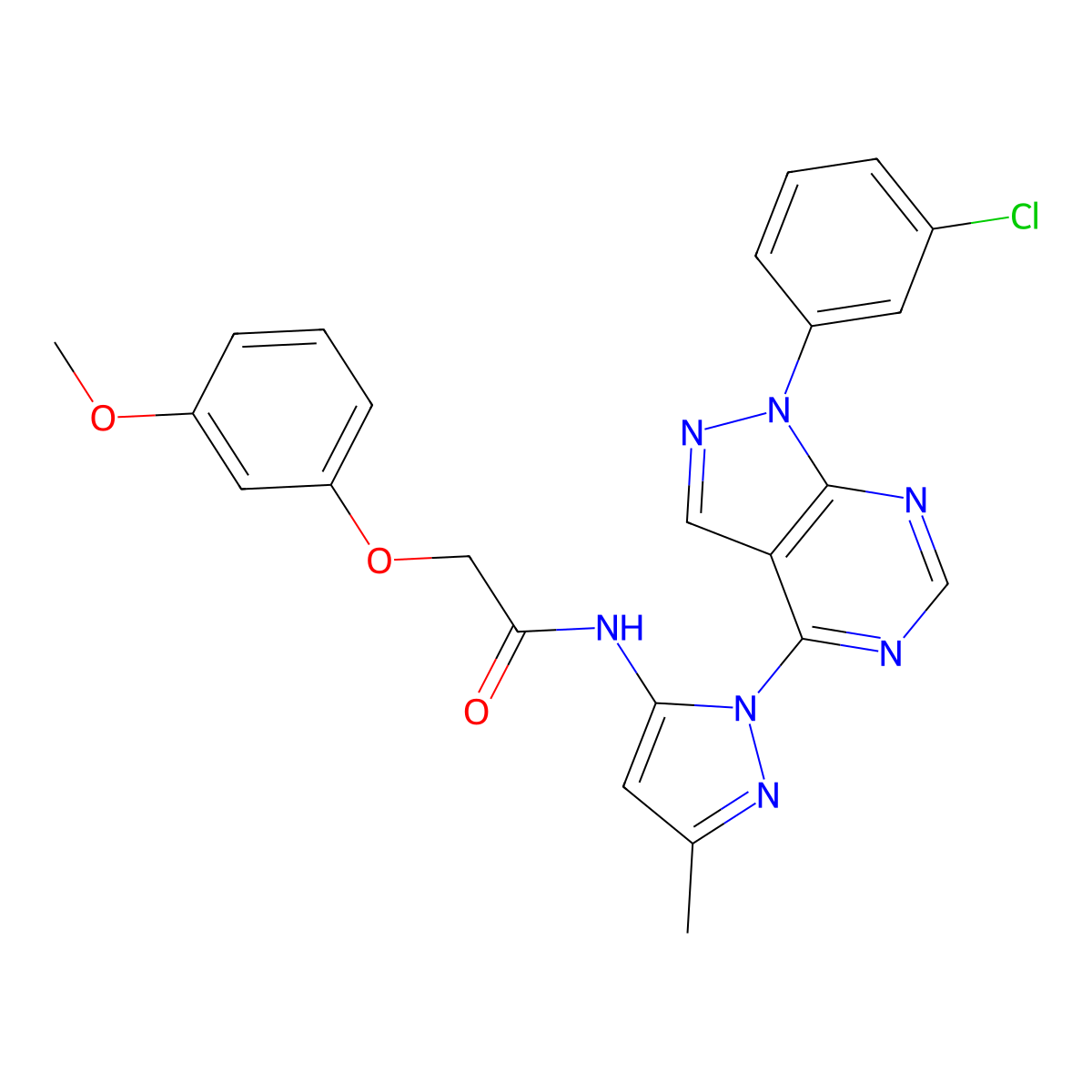 N-{1-[1-(3-chlorophenyl)-1H-pyrazolo[3,4-d]pyrimidin-4-yl]-3-methyl-1H-pyrazol-5-yl}-2-(3-methoxyphenoxy)acetamide molecular structure, CAS 1005971-15-2