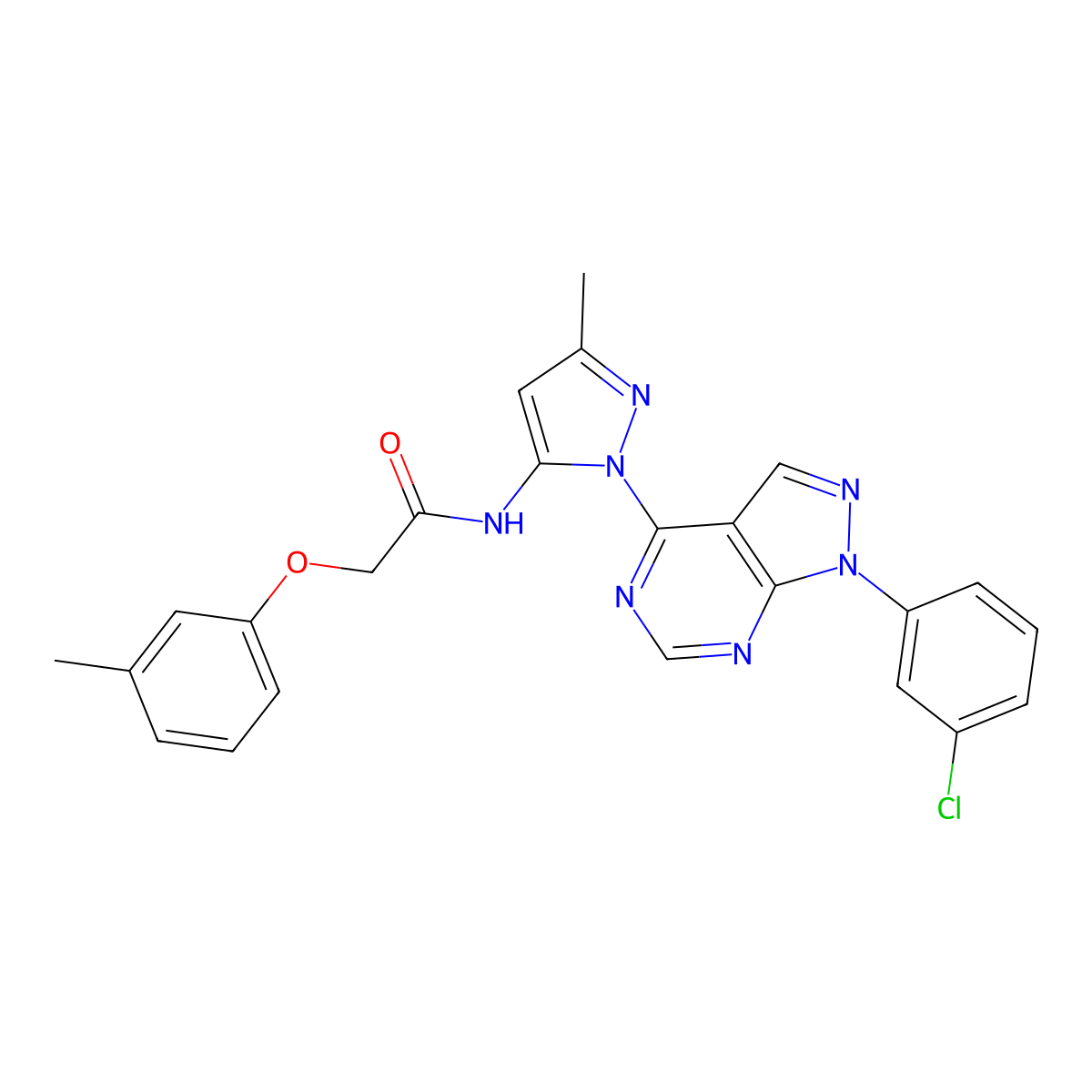 N-{1-[1-(3-chlorophenyl)-1H-pyrazolo[3,4-d]pyrimidin-4-yl]-3-methyl-1H-pyrazol-5-yl}-2-(3-methylphenoxy)acetamide molecular structure, CAS 1005971-23-2