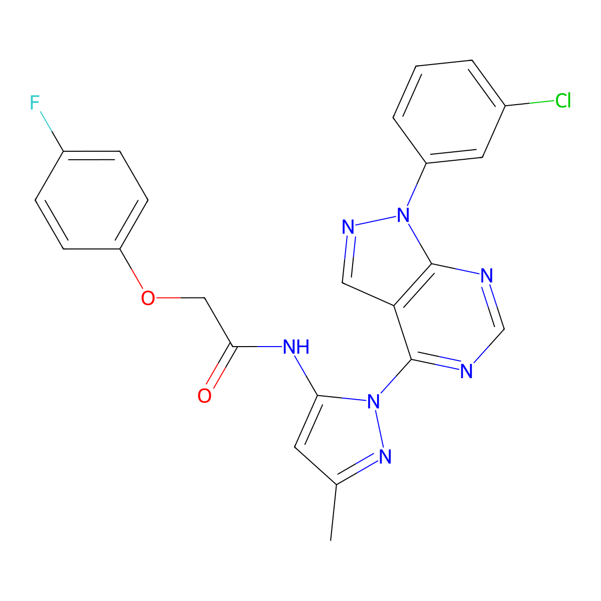 N-{1-[1-(3-chlorophenyl)-1H-pyrazolo[3,4-d]pyrimidin-4-yl]-3-methyl-1H-pyrazol-5-yl}-2-(4-fluorophenoxy)acetamide molecular structure, CAS 1005971-31-2