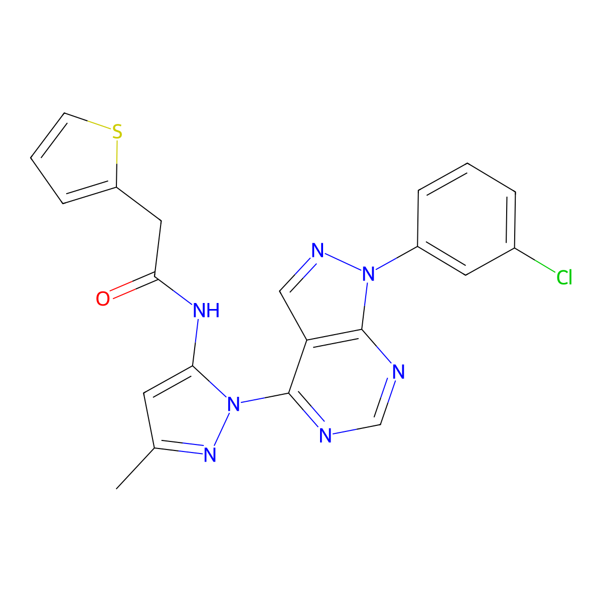 N-(1-(1-(3-chlorophenyl)-1H-pyrazolo[3,4-d]pyrimidin-4-yl)-3-methyl-1H-pyrazol-5-yl)-2-(thiophen-2-yl)acetamide molecular structure, CAS 1005971-55-0
