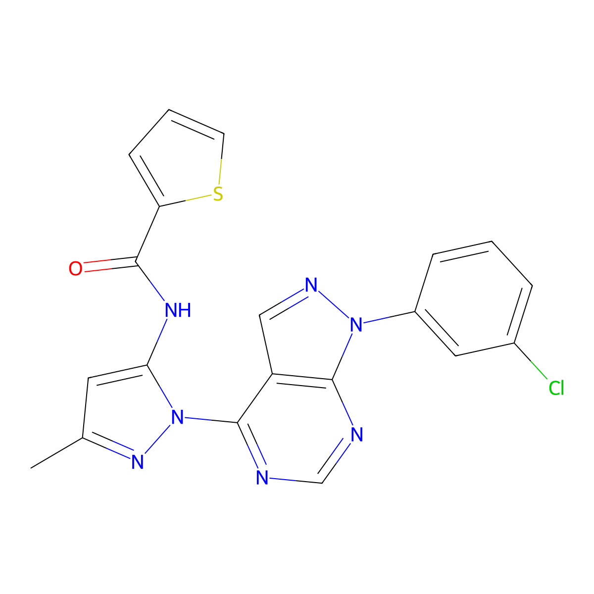 N-(1-(1-(3-chlorophenyl)-1H-pyrazolo[3,4-d]pyrimidin-4-yl)-3-methyl-1H-pyrazol-5-yl)thiophene-2-carboxamide molecular structure, CAS 1005971-71-0