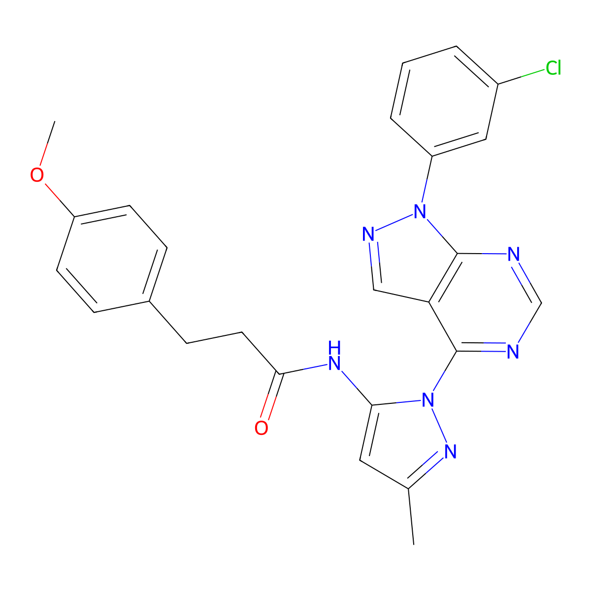 N-{1-[1-(3-chlorophenyl)-1H-pyrazolo[3,4-d]pyrimidin-4-yl]-3-methyl-1H-pyrazol-5-yl}-3-(4-methoxyphenyl)propanamide molecular structure, CAS 1005972-03-1