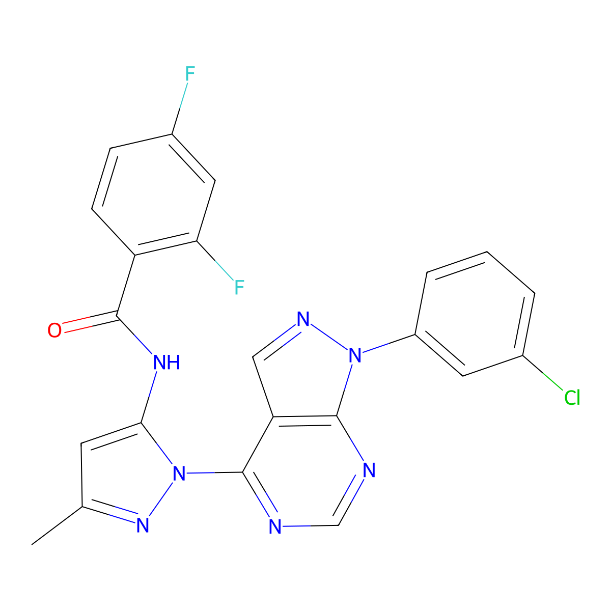 N-{1-[1-(3-chlorophenyl)-1H-pyrazolo[3,4-d]pyrimidin-4-yl]-3-methyl-1H-pyrazol-5-yl}-2,4-difluorobenzamide molecular structure, CAS 1005972-11-1