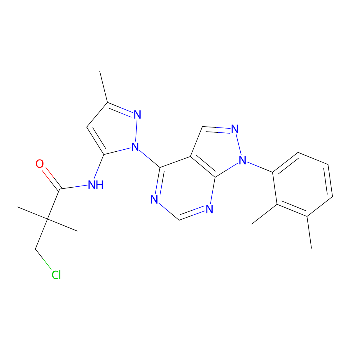 3-chloro-N-(1-(1-(2,3-dimethylphenyl)-1H-pyrazolo[3,4-d]pyrimidin-4-yl)-3-methyl-1H-pyrazol-5-yl)-2,2-dimethylpropanamide molecular structure, CAS 1005974-00-4