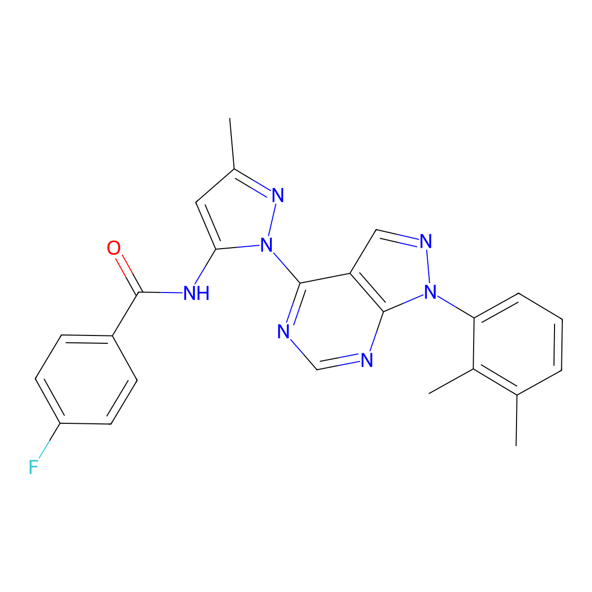 N-(1-(1-(2,3-dimethylphenyl)-1H-pyrazolo[3,4-d]pyrimidin-4-yl)-3-methyl-1H-pyrazol-5-yl)-4-fluorobenzamide molecular structure, CAS 1005974-39-9
