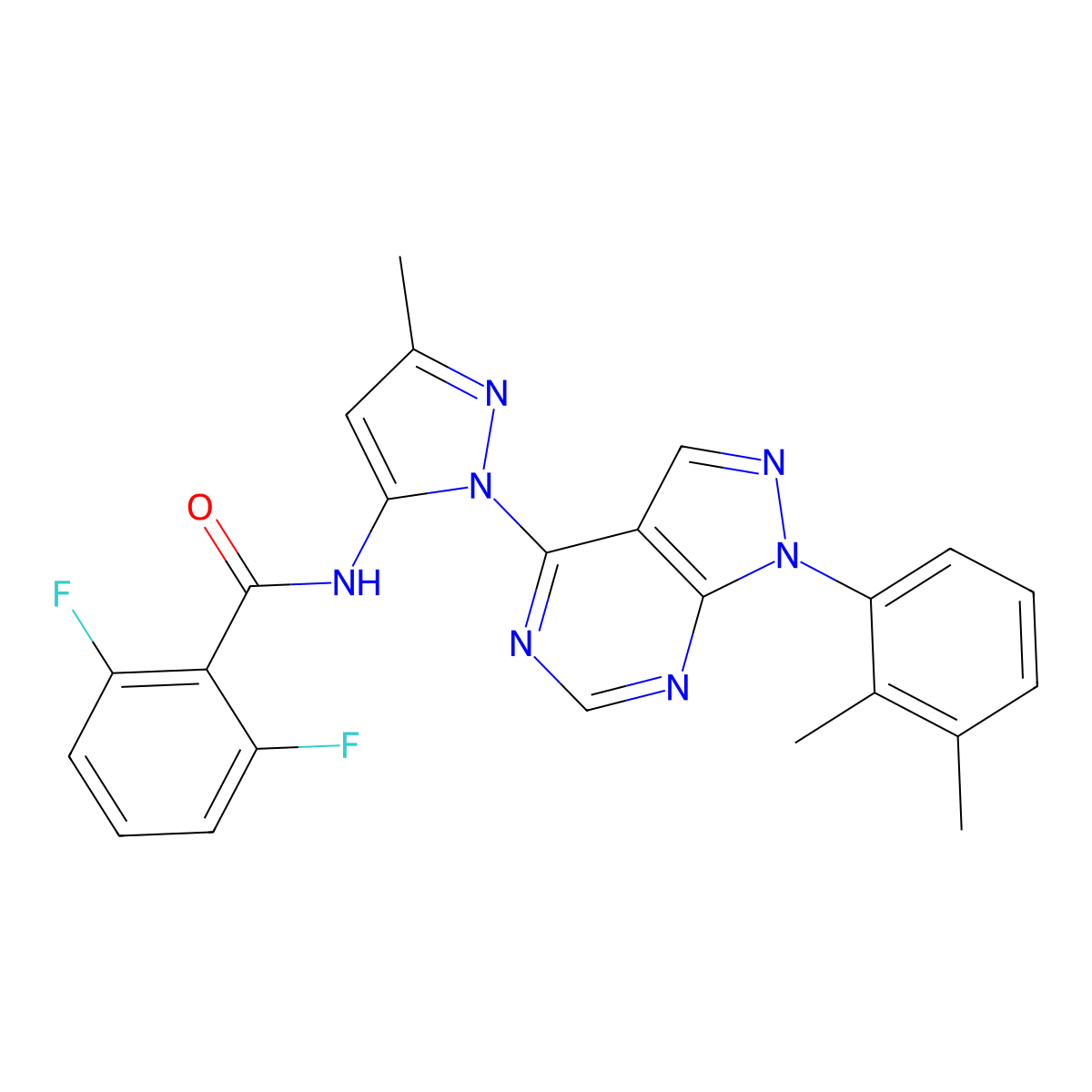 N-{1-[1-(2,3-dimethylphenyl)-1H-pyrazolo[3,4-d]pyrimidin-4-yl]-3-methyl-1H-pyrazol-5-yl}-2,6-difluorobenzamide molecular structure, CAS 1005974-50-4
