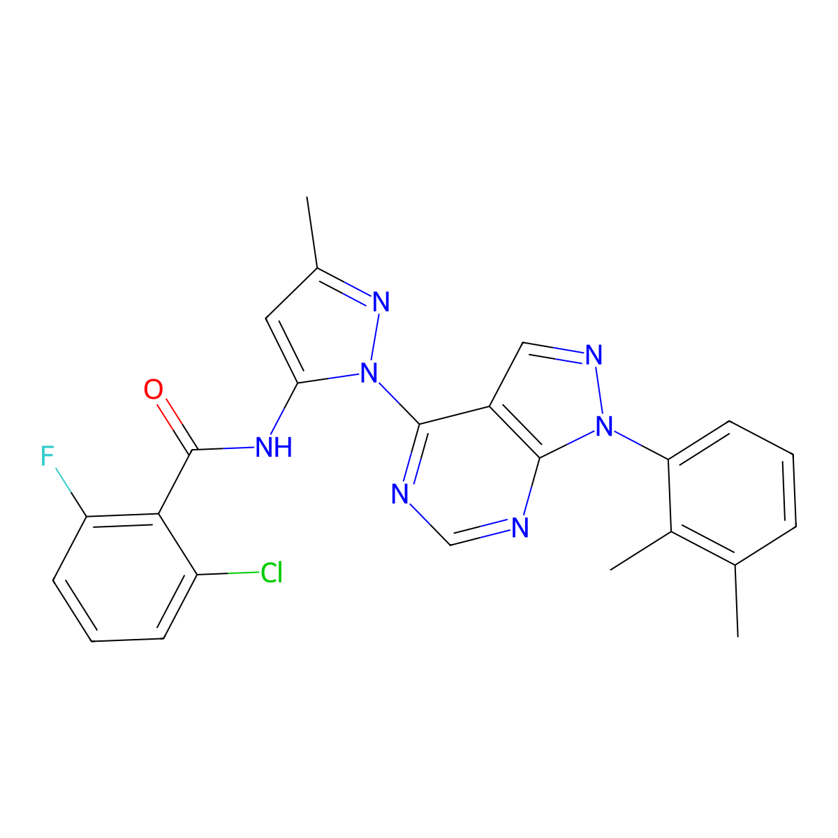 2-chloro-N-{1-[1-(2,3-dimethylphenyl)-1H-pyrazolo[3,4-d]pyrimidin-4-yl]-3-methyl-1H-pyrazol-5-yl}-6-fluorobenzamide molecular structure, CAS 1005974-56-0