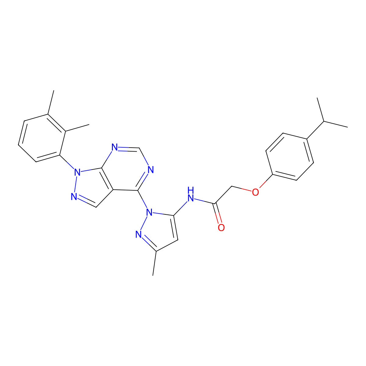 N-{1-[1-(2,3-dimethylphenyl)-1H-pyrazolo[3,4-d]pyrimidin-4-yl]-3-methyl-1H-pyrazol-5-yl}-2-[4-(propan-2-yl)phenoxy]acetamide molecular structure, CAS 1005974-97-9