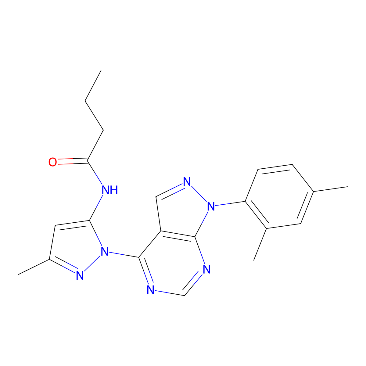 N-{1-[1-(2,4-dimethylphenyl)-1H-pyrazolo[3,4-d]pyrimidin-4-yl]-3-methyl-1H-pyrazol-5-yl}butanamide molecular structure, CAS 1005975-58-5
