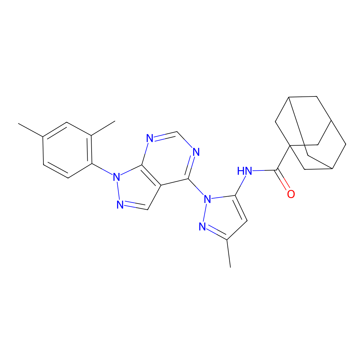 N-{1-[1-(2,4-dimethylphenyl)-1H-pyrazolo[3,4-d]pyrimidin-4-yl]-3-methyl-1H-pyrazol-5-yl}adamantane-1-carboxamide molecular structure, CAS 1005975-83-6