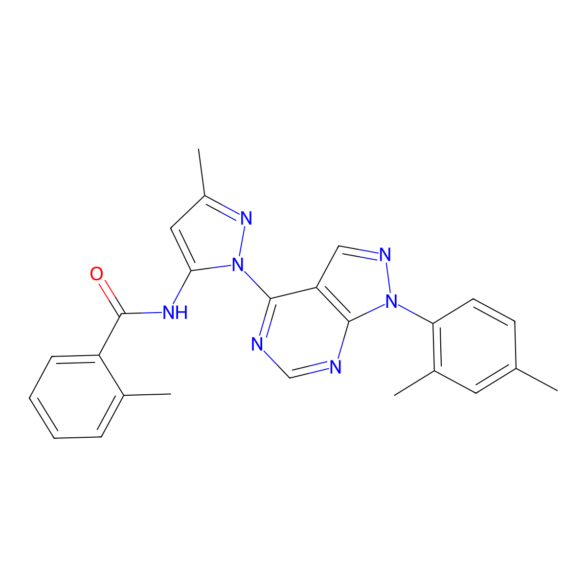 N-{1-[1-(2,4-dimethylphenyl)-1H-pyrazolo[3,4-d]pyrimidin-4-yl]-3-methyl-1H-pyrazol-5-yl}-2-methylbenzamide molecular structure, CAS 1005976-01-1