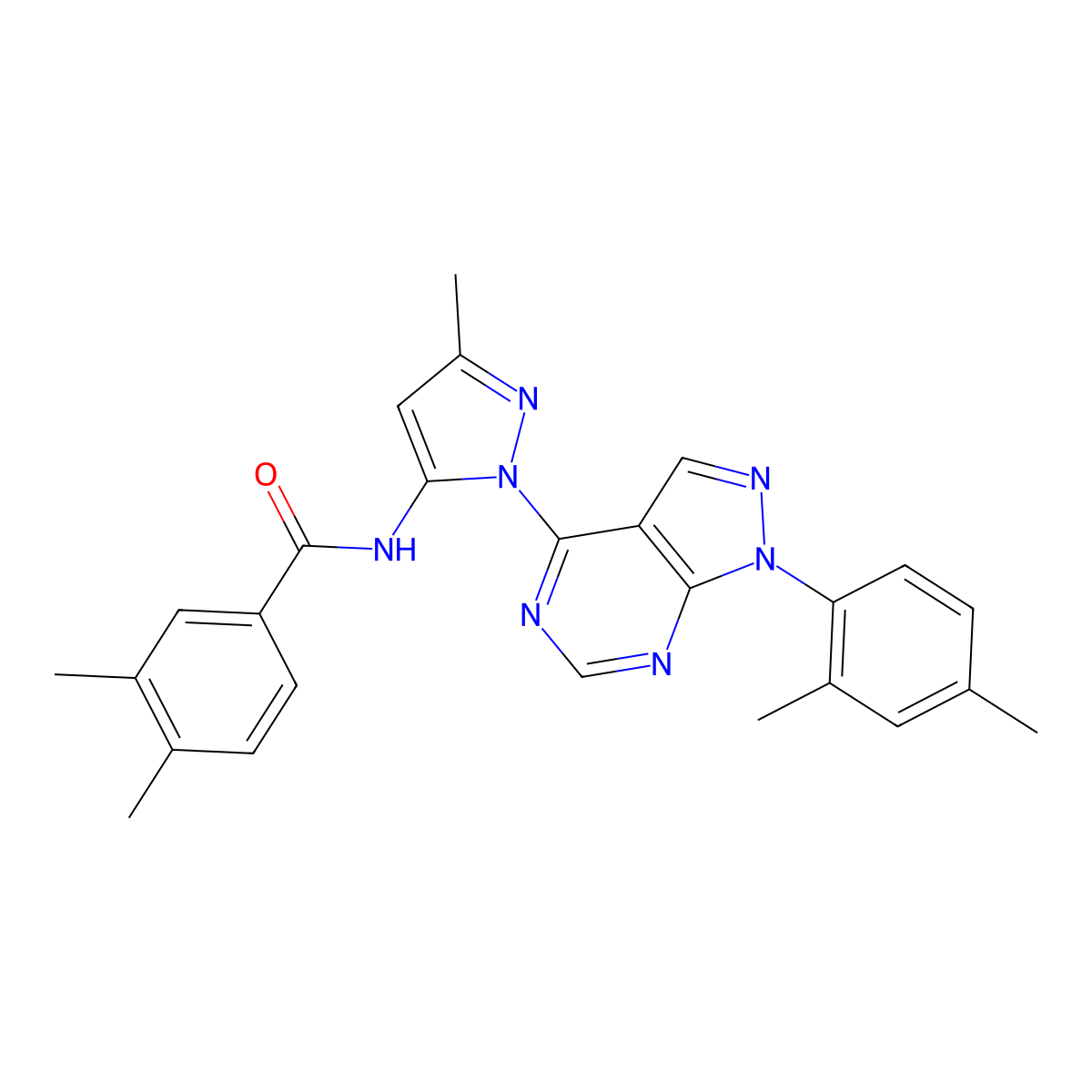 N-{1-[1-(2,4-dimethylphenyl)-1H-pyrazolo[3,4-d]pyrimidin-4-yl]-3-methyl-1H-pyrazol-5-yl}-3,4-dimethylbenzamide molecular structure, CAS 1005976-06-6