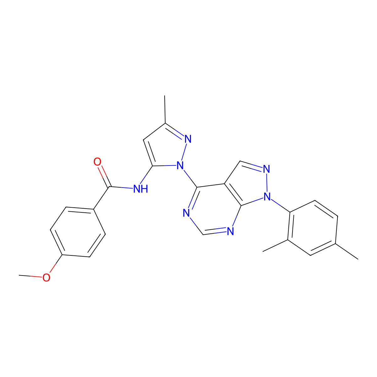 N-{1-[1-(2,4-dimethylphenyl)-1H-pyrazolo[3,4-d]pyrimidin-4-yl]-3-methyl-1H-pyrazol-5-yl}-4-methoxybenzamide molecular structure, CAS 1005976-11-3